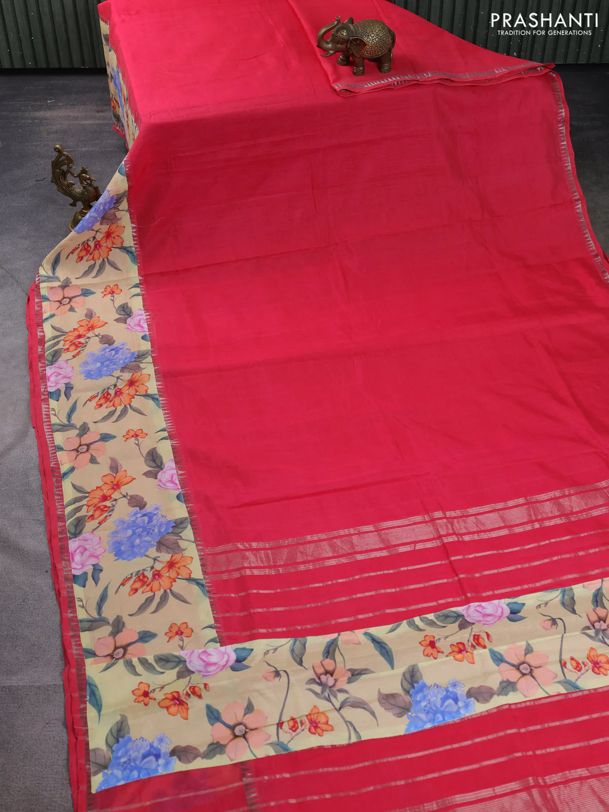 Mangalgiri silk cotton saree pink shade and sandal with plain body and temple design kalamkari printed applique border - Image 2