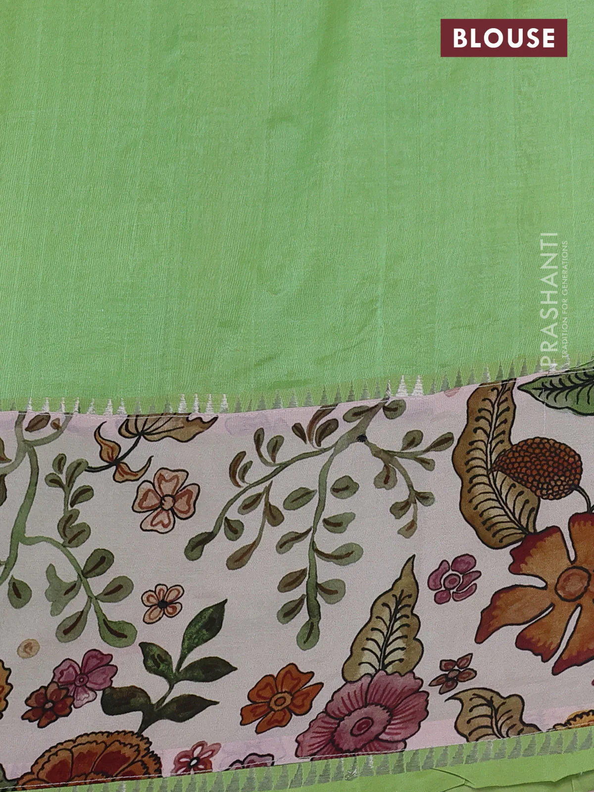 Mangalgiri silk cotton saree pista green and pastel peach with plain body and long kalamkari printed applique border - Image 3