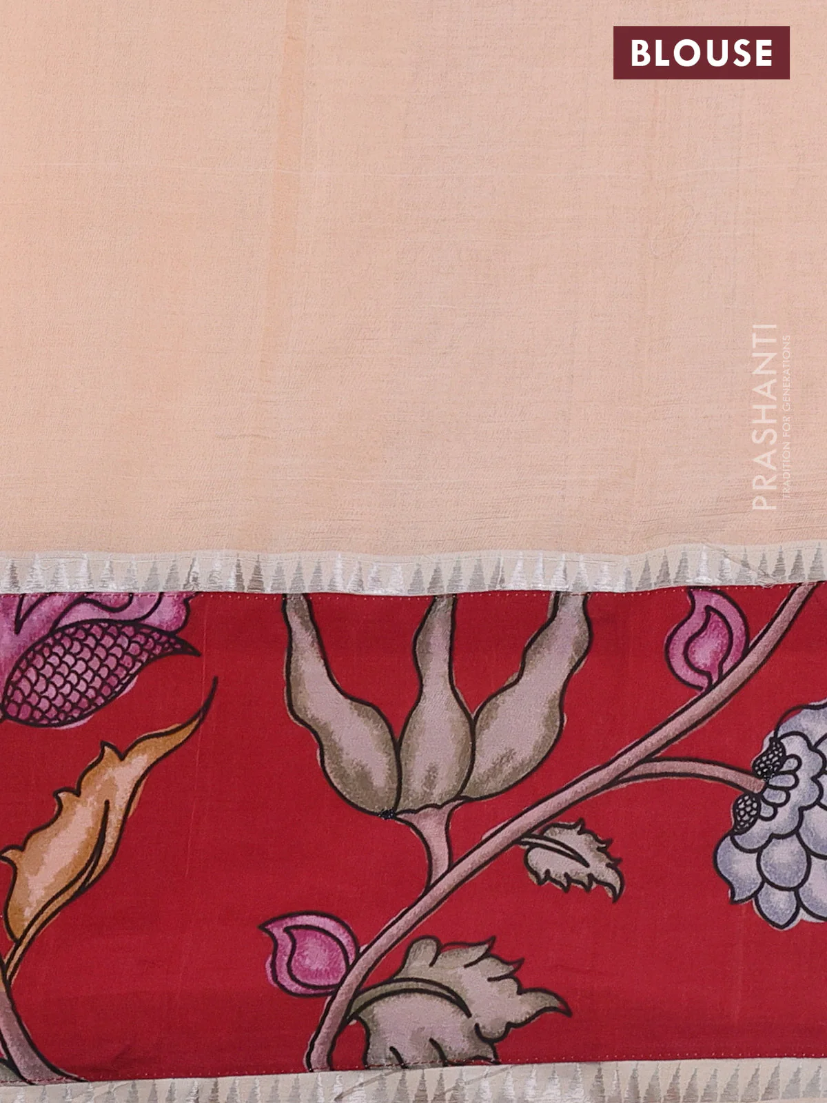 Mangalgiri silk cotton saree plae oarnge and maroon with plain body and long kalamkari printed applique border - Image 3