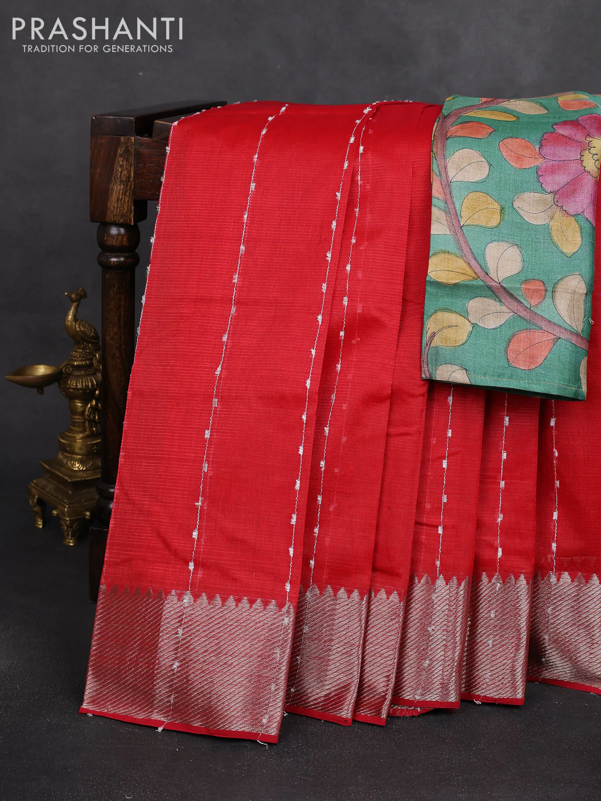 Mangalgiri silk cotton saree red and teal green with allover thread weaves and zari woven border