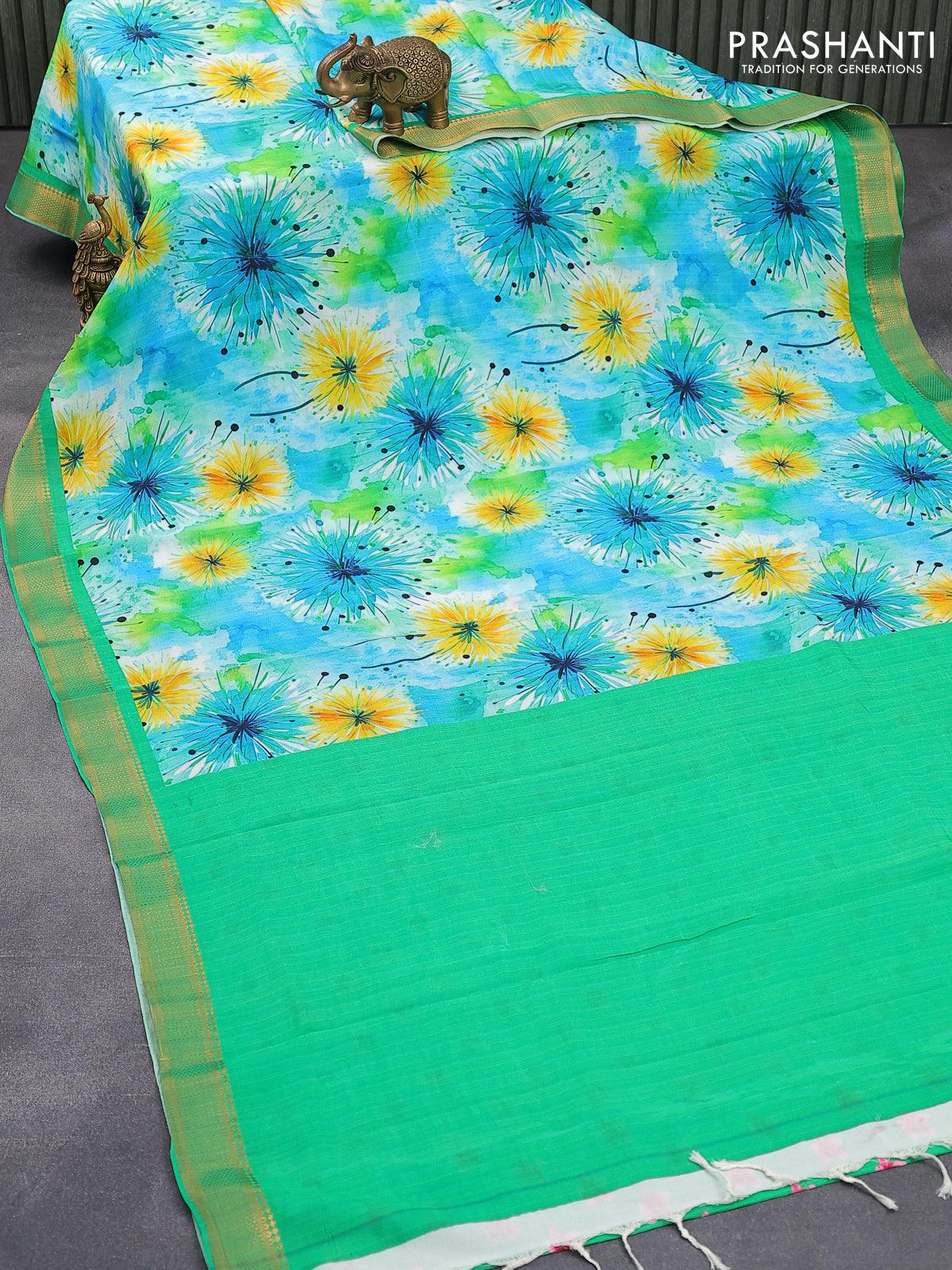 Mangalgiri silk cotton saree teal blue and green with allover floral prints and zari woven border - Image 2