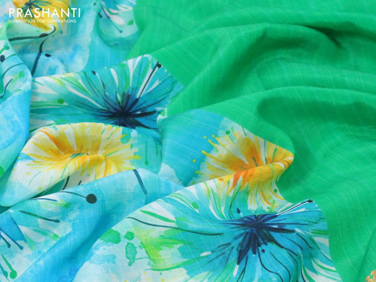 Mangalgiri silk cotton saree teal blue and green with allover floral prints and zari woven border - Image 3
