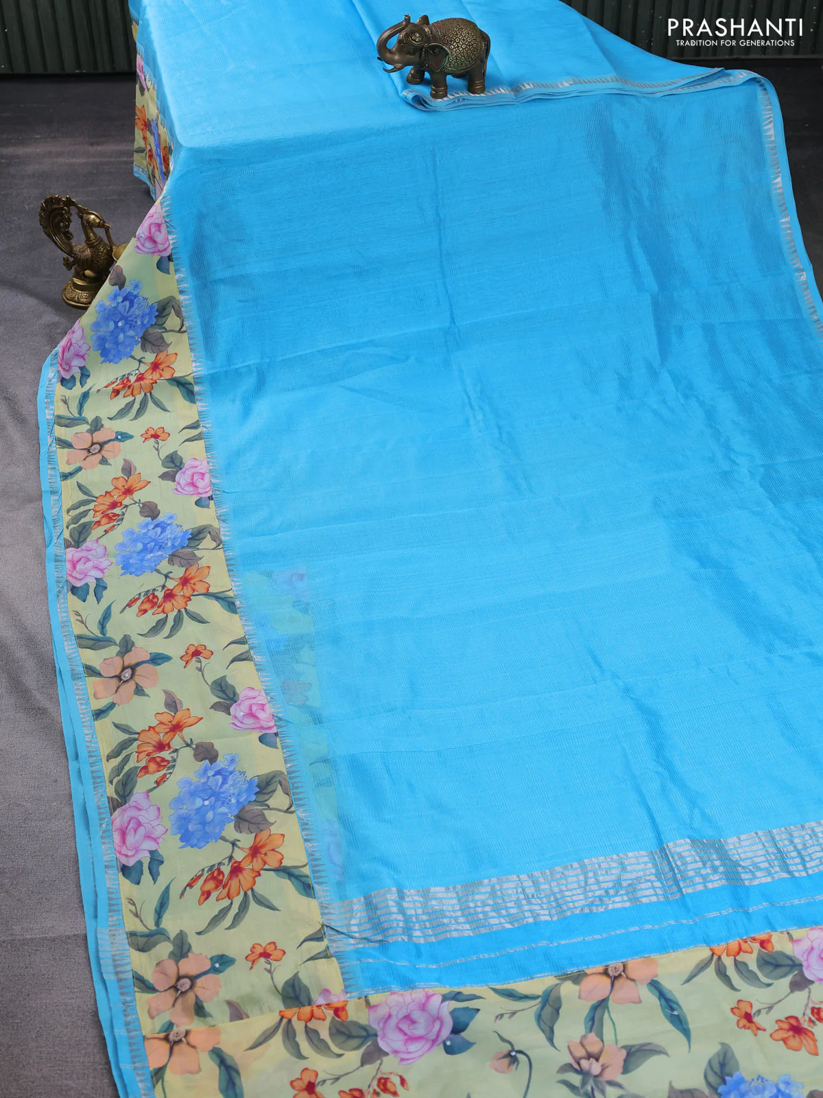 Mangalgiri silk cotton saree teal blue and pale yellow with plain body and long kalamkari printed applique border - Image 2