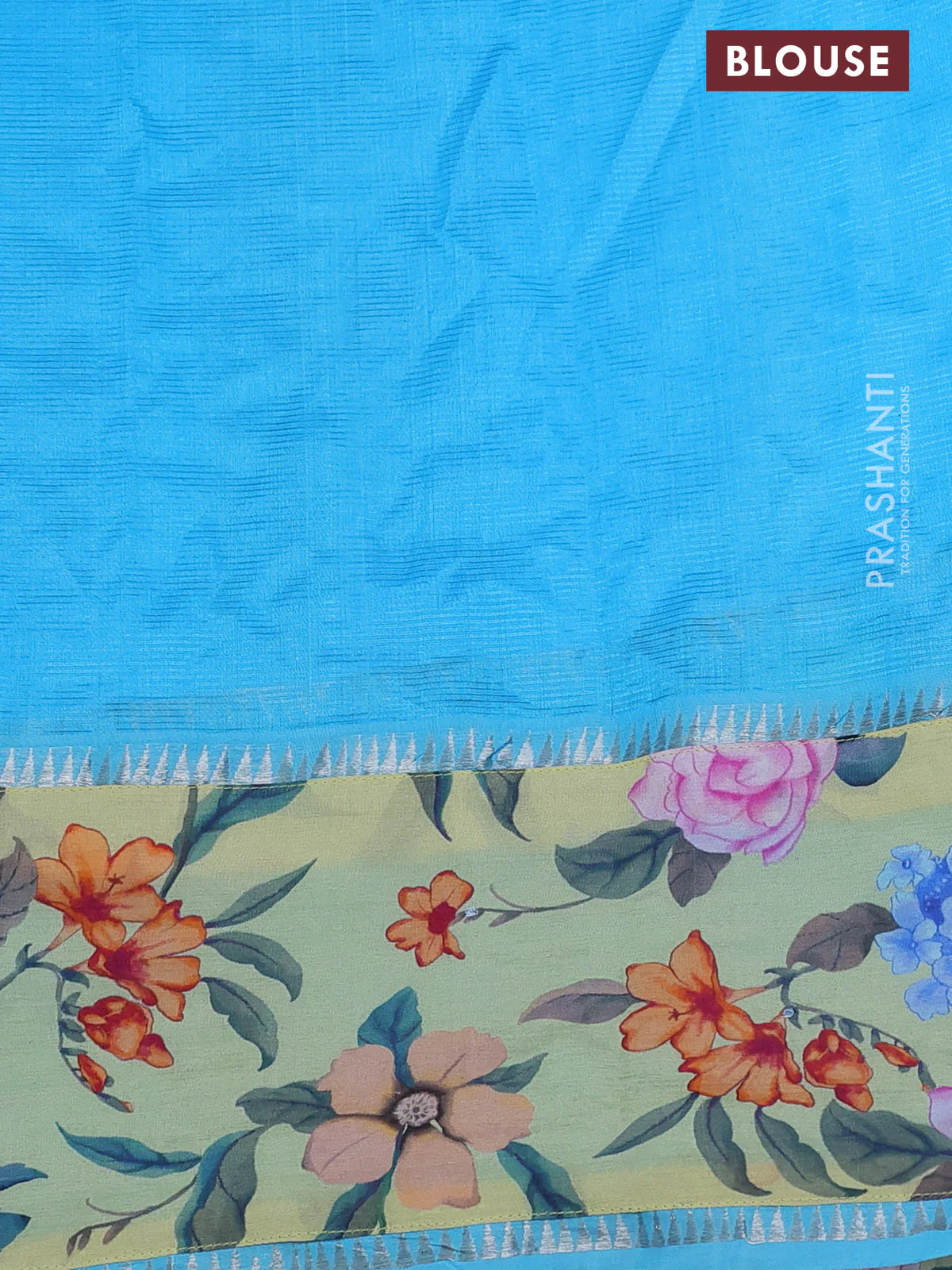 Mangalgiri silk cotton saree teal blue and pale yellow with plain body and long kalamkari printed applique border - Image 3