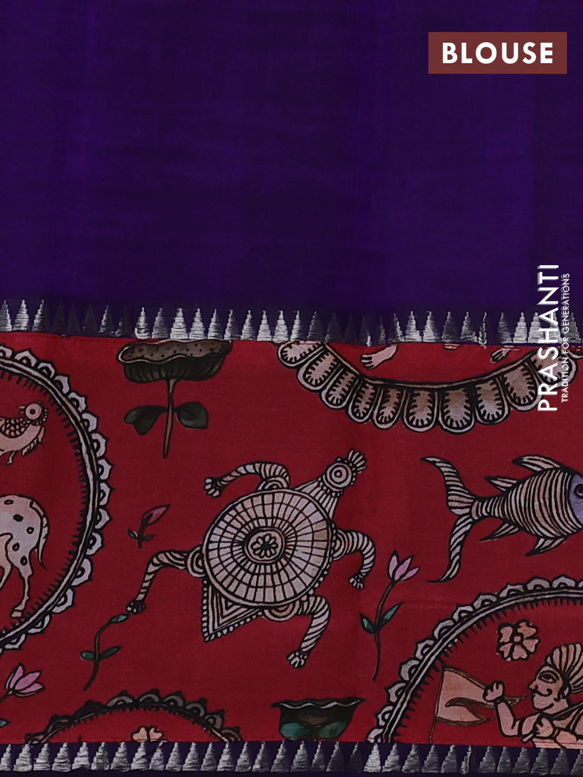 Mangalgiri silk cotton saree violet and maroon with plain body and temple design kalamkari printed applique border - Image 3