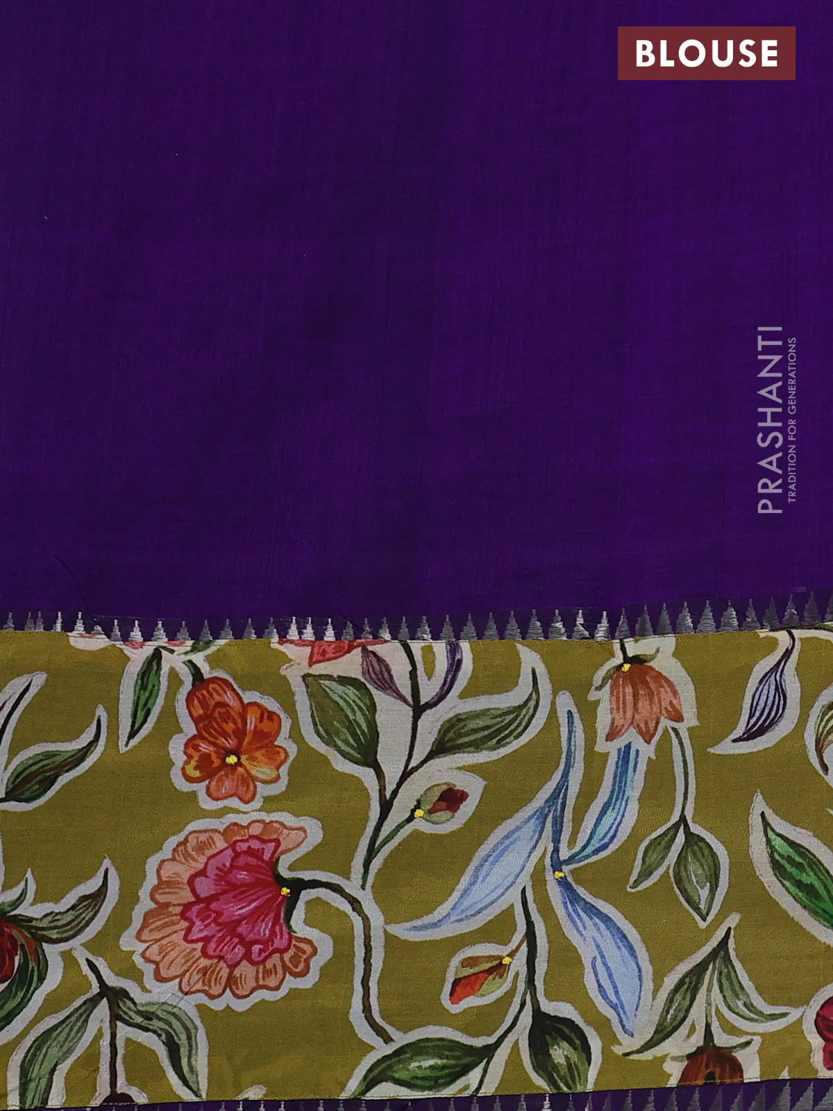 Mangalgiri silk cotton saree violet and mehendi green with plain body and long kalamkari printed applique border - Image 3