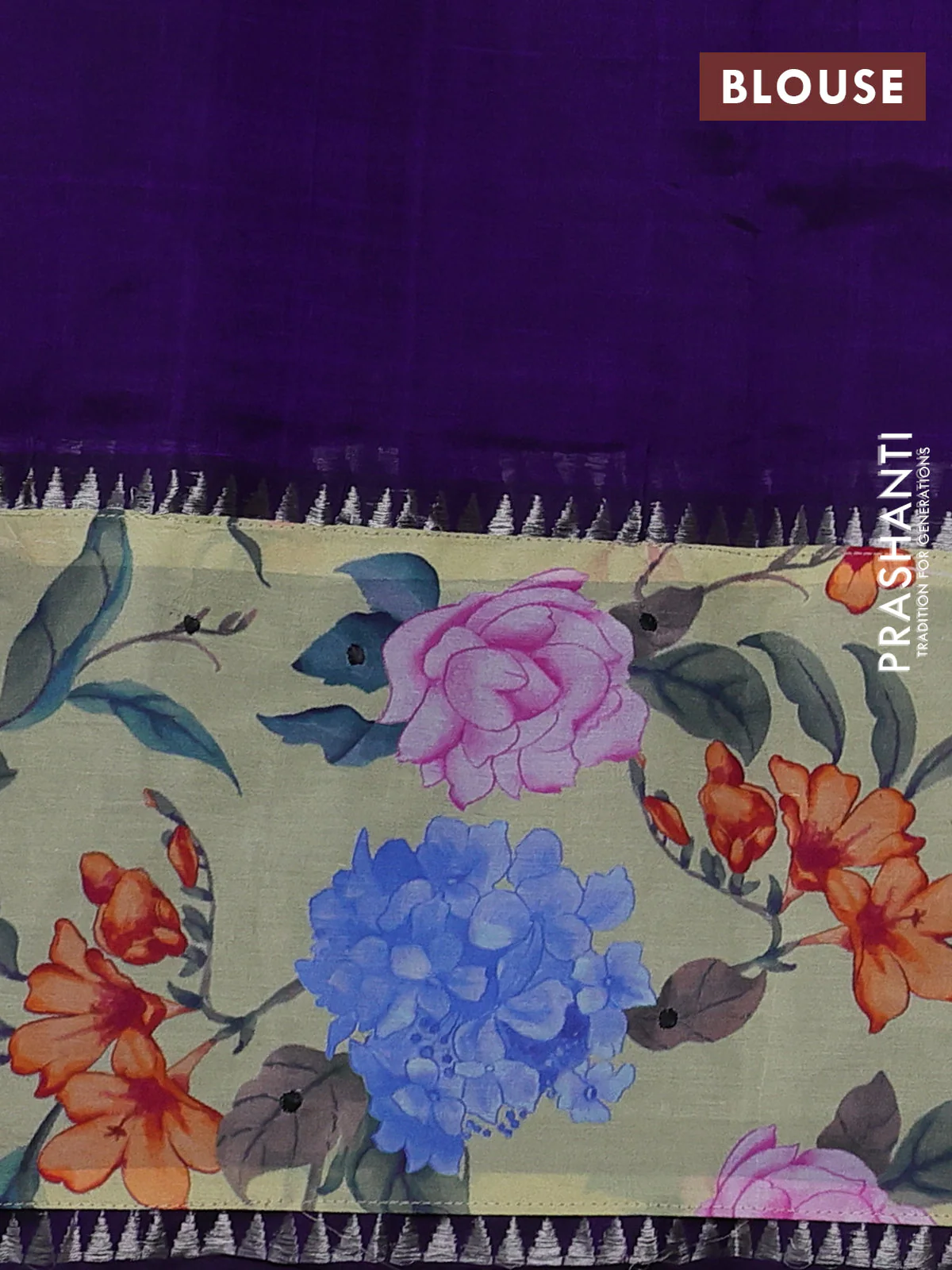 Mangalgiri silk cotton saree violet and pale yellow with plain body and temple design kalamkari printed applique border - Image 3