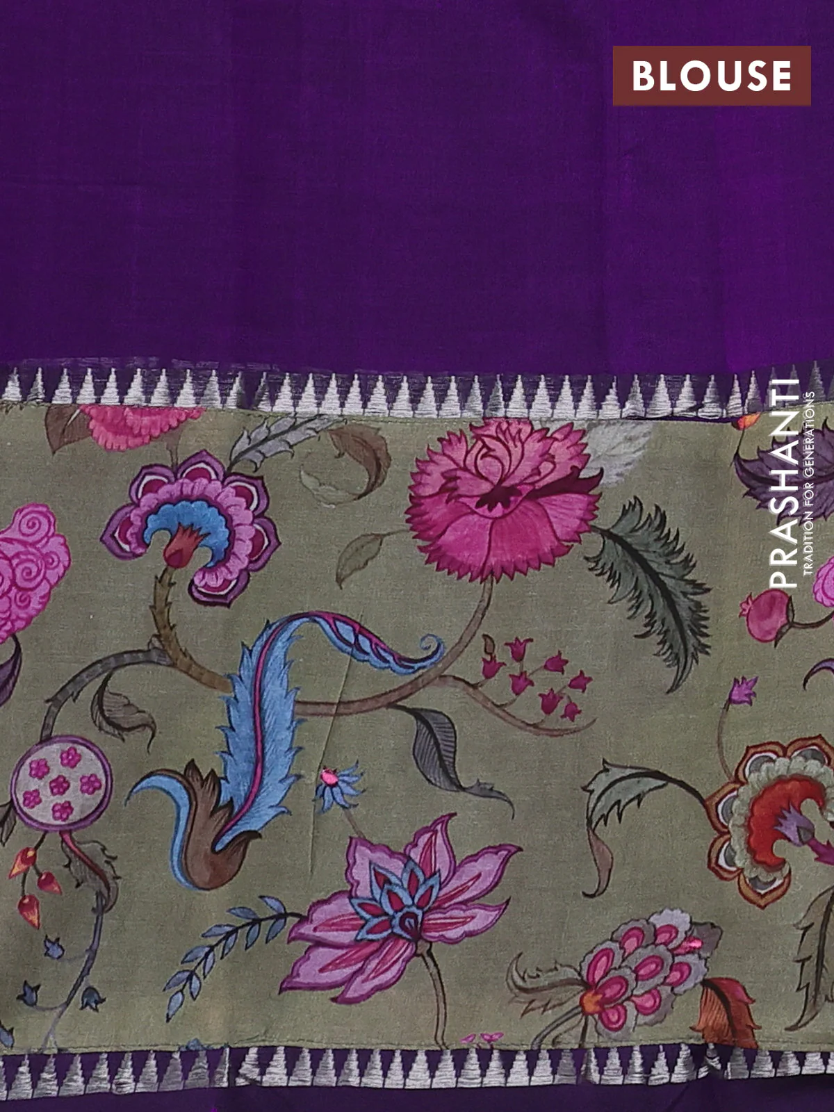 Mangalgiri silk cotton saree violet and pastel green with plain body and temple design kalamkari printed applique border - Image 3