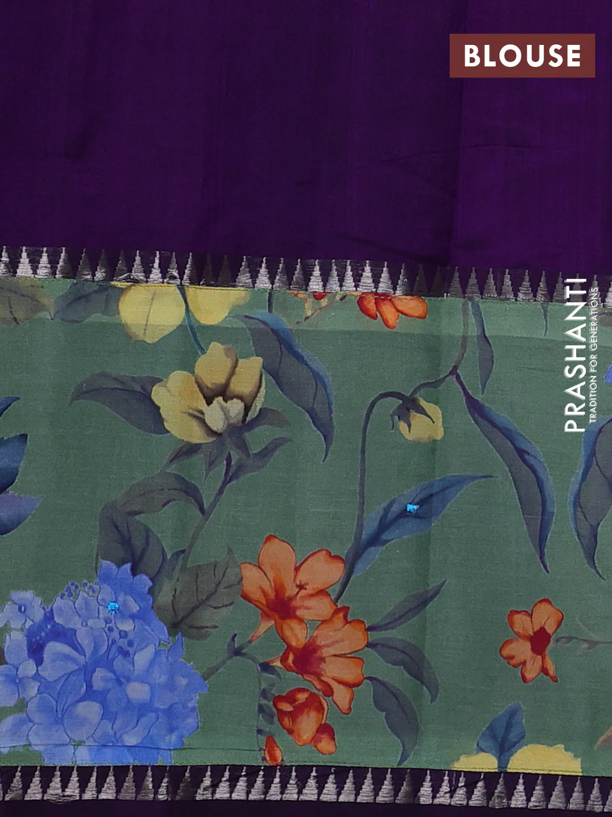 Mangalgiri silk cotton saree violet and pastel green with plain body and temple design kalamkari printed applique border - Image 3