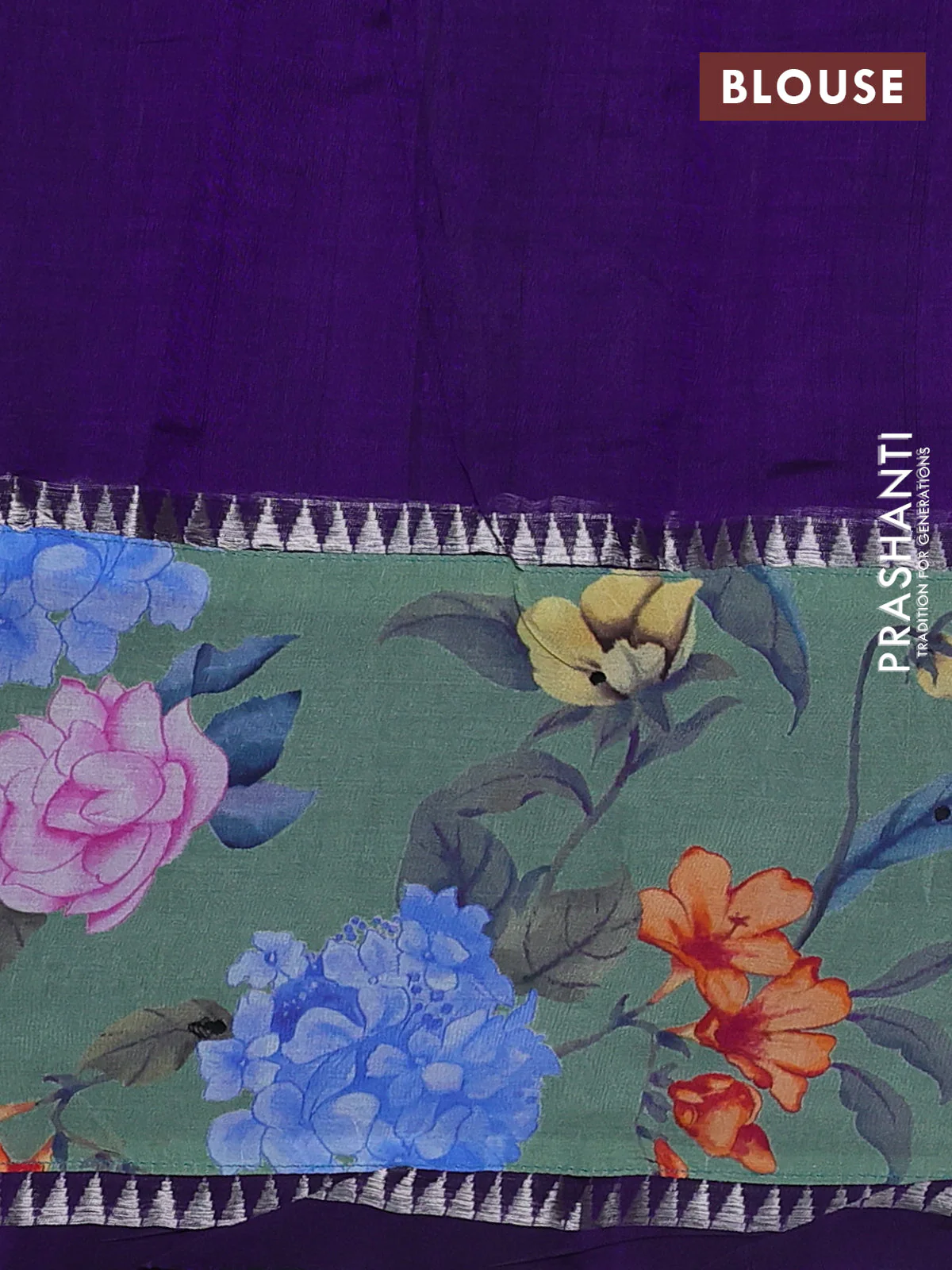 Mangalgiri silk cotton saree violet and pastel green with plain body and temple design kalamkari printed applique border - Image 3