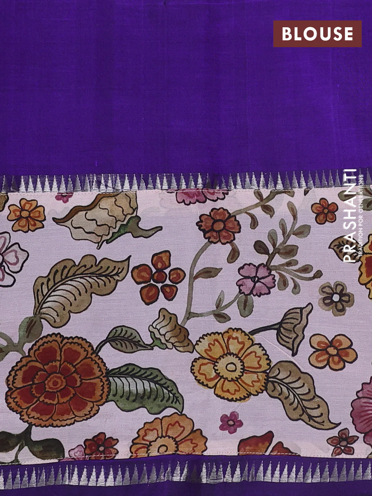Mangalgiri silk cotton saree violet and pastel pink with plain body and temple design kalamkari printed applique border - Image 3