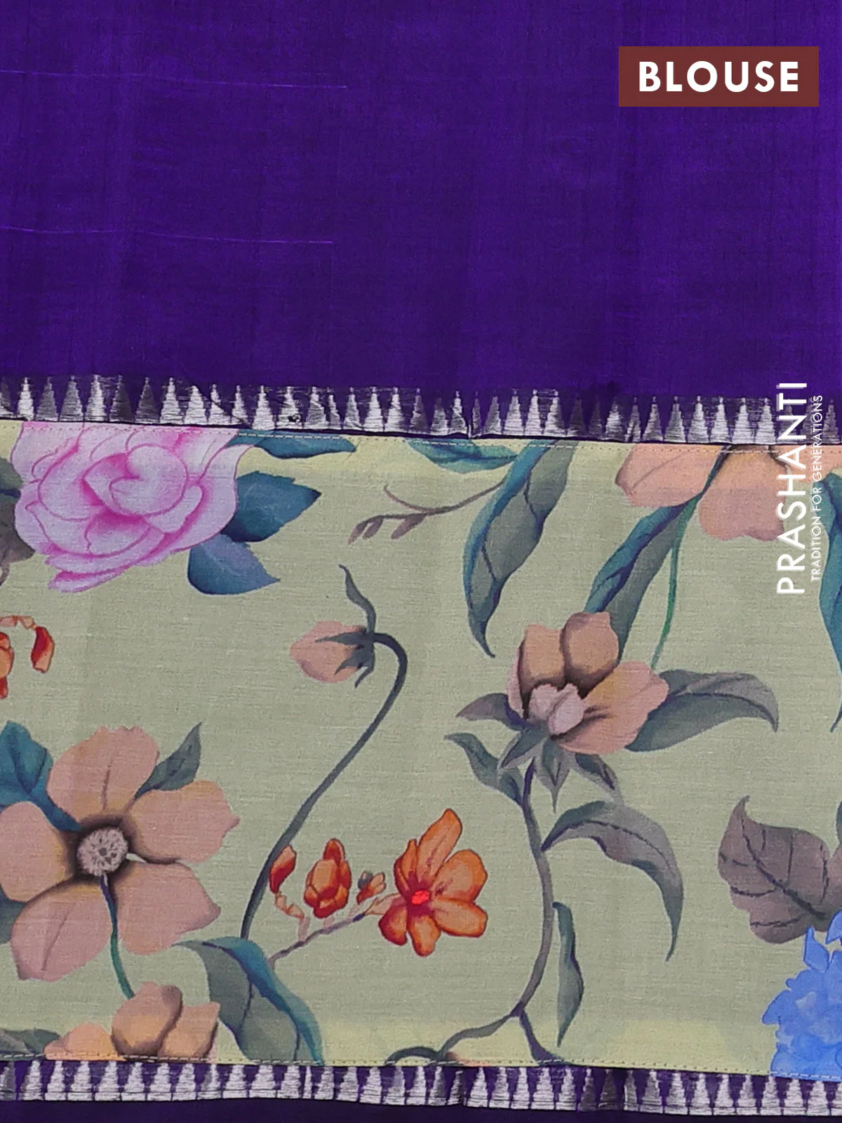 Mangalgiri silk cotton saree violet and pista green with plain body and temple design kalamkari printed applique border - Image 3