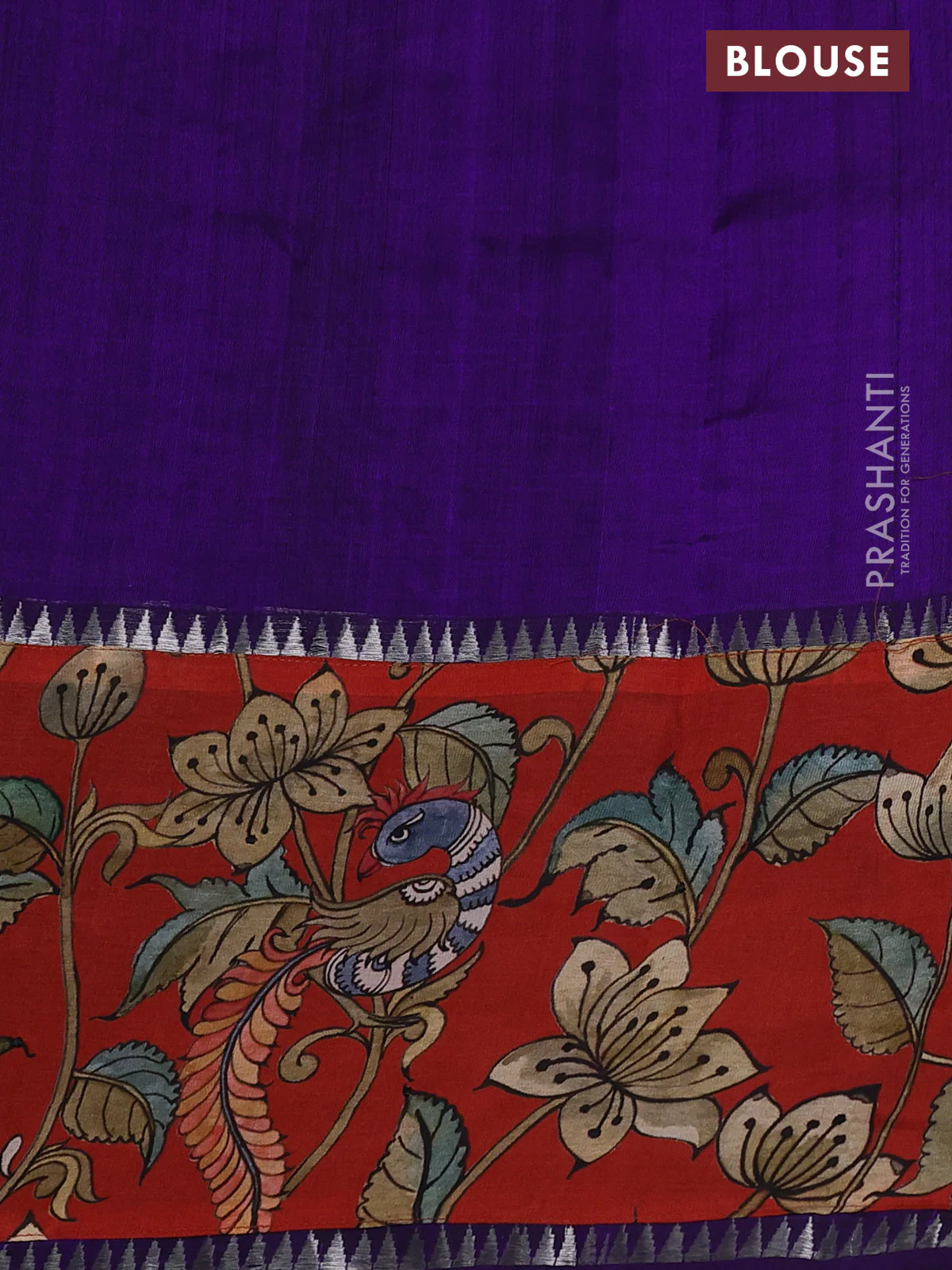 Mangalgiri silk cotton saree violet and rustic orange with plain body and long kalamkari printed applique border - Image 3