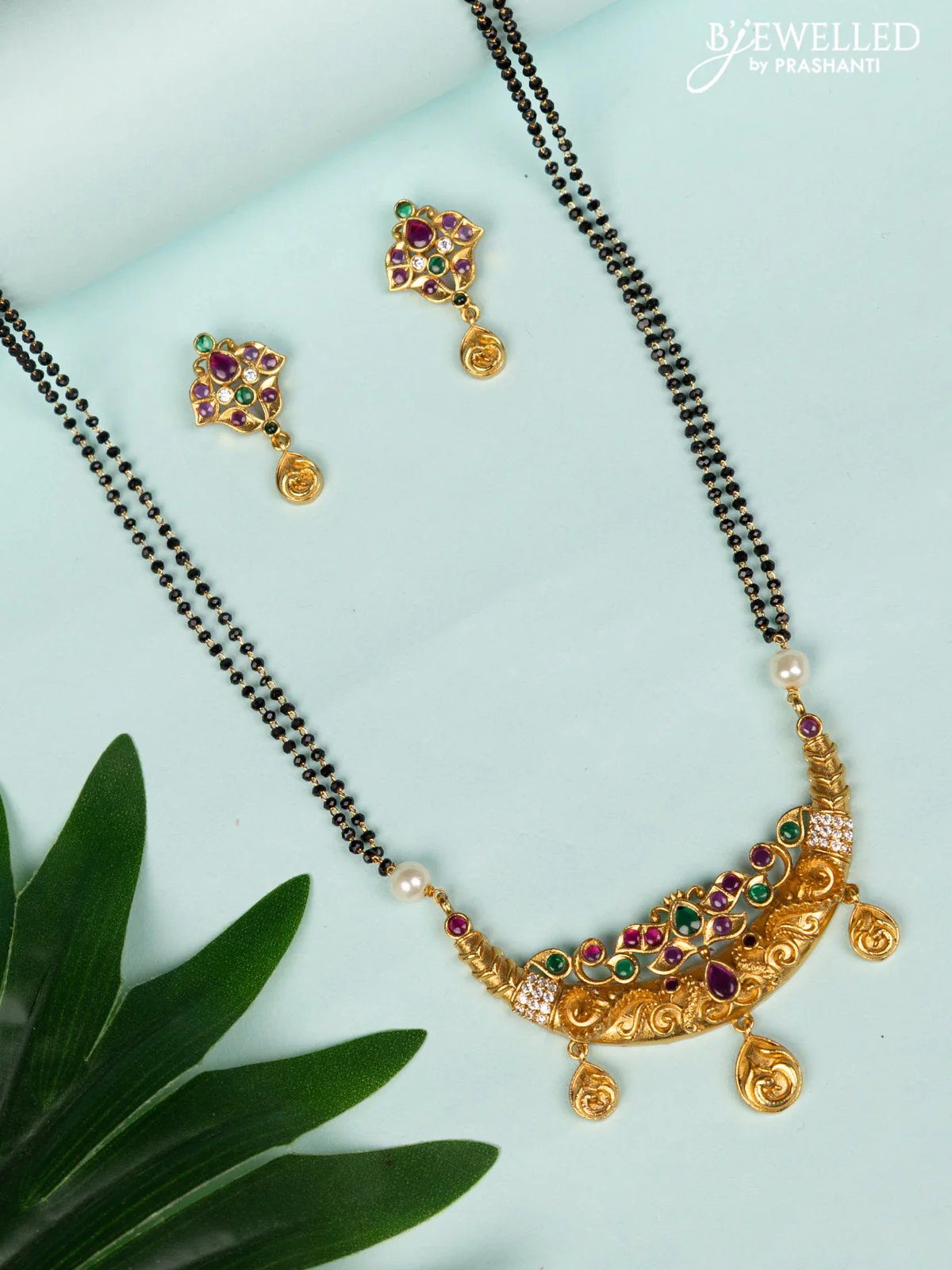 Mangalsutra double layer chandbali pendant with kemp & cz stones and gold beads hangings