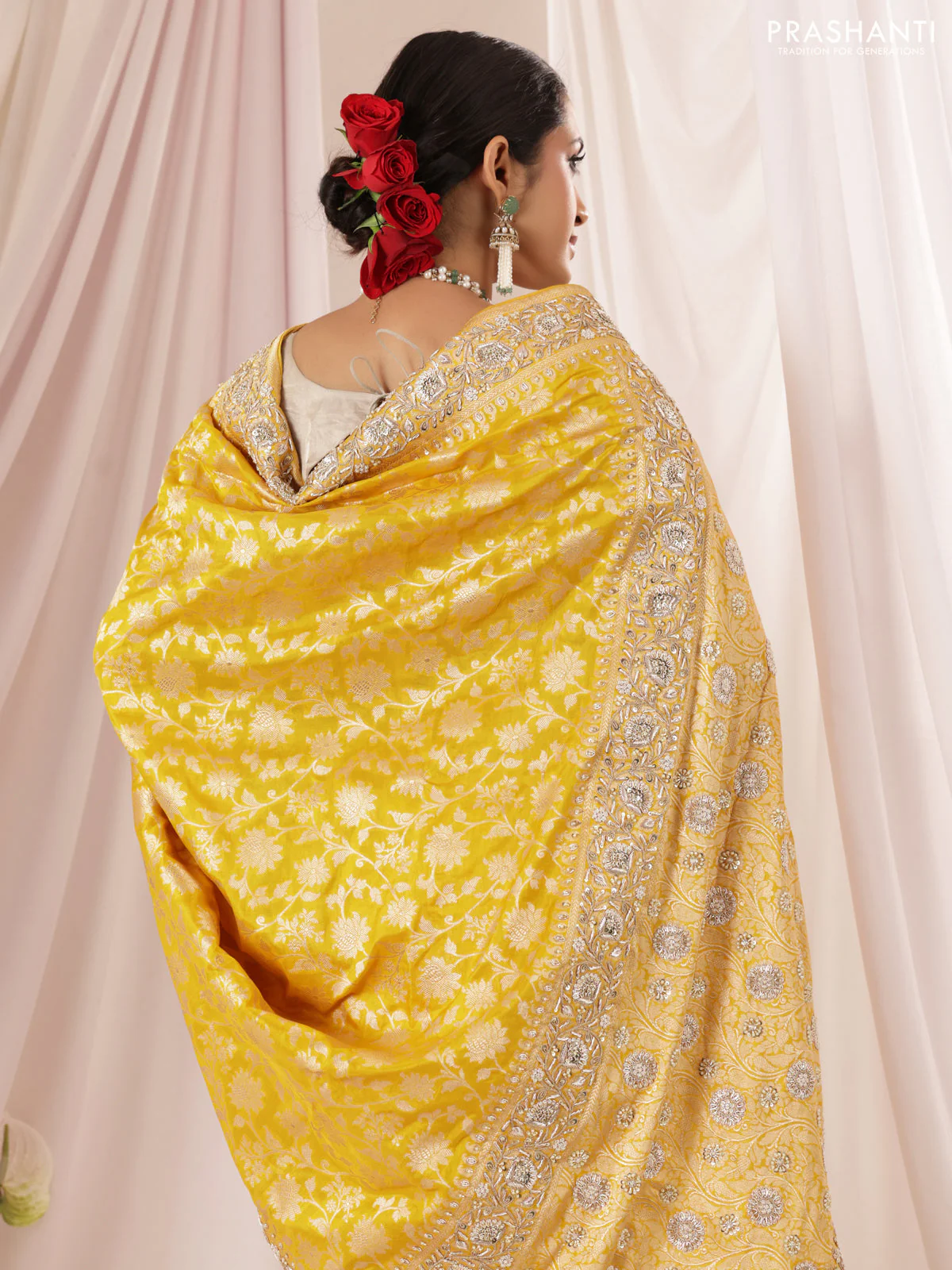 Mango yellow Banarasi Uppada silk saree with allover zari weaves & embroidery border - Image 2