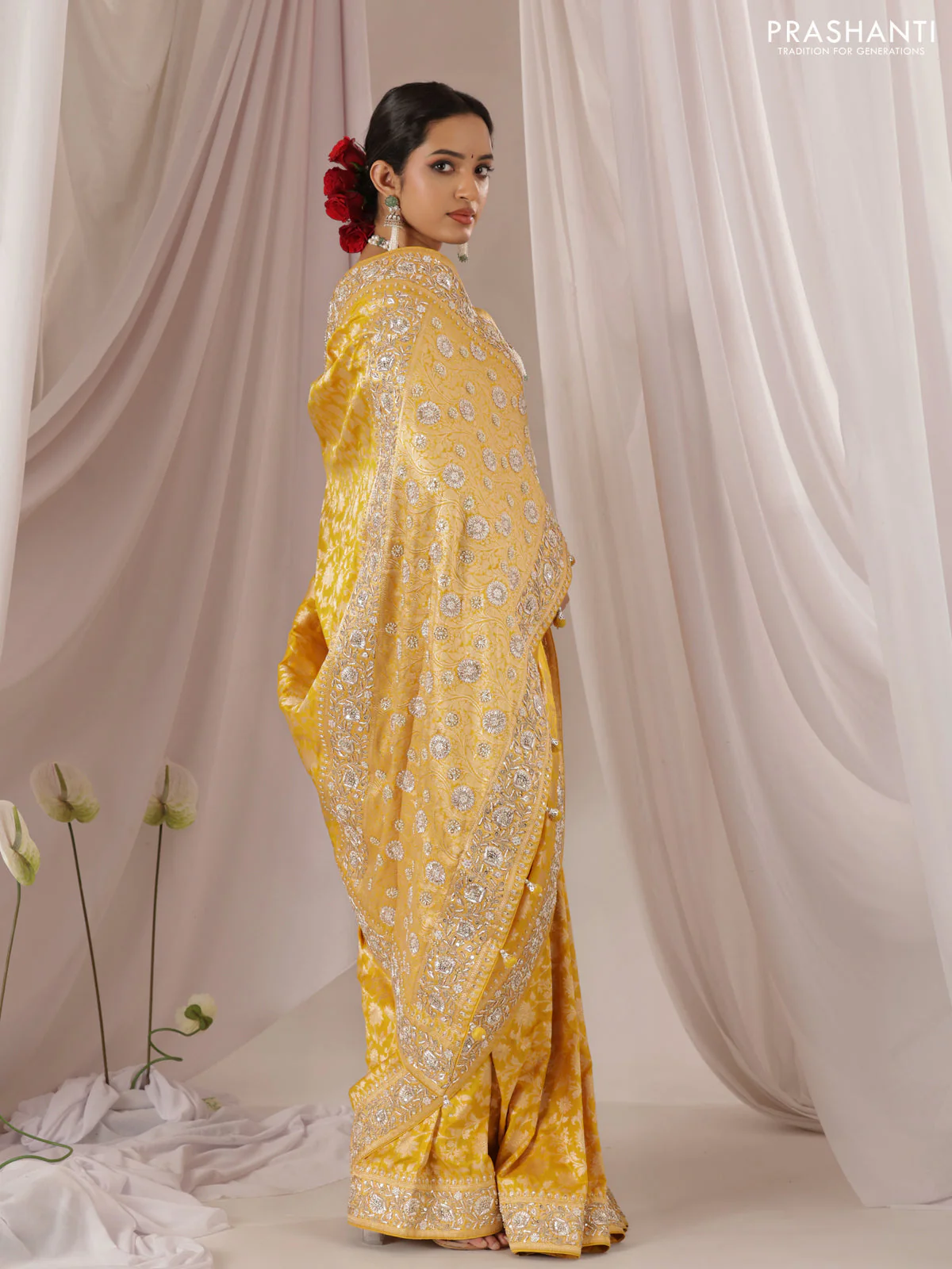 Mango yellow Banarasi Uppada silk saree with allover zari weaves & embroidery border - Image 3