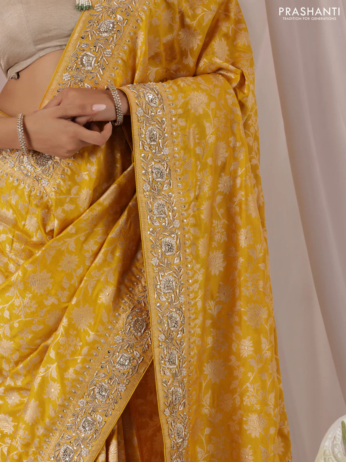 Mango yellow Banarasi Uppada silk saree with allover zari weaves & embroidery border - Image 4