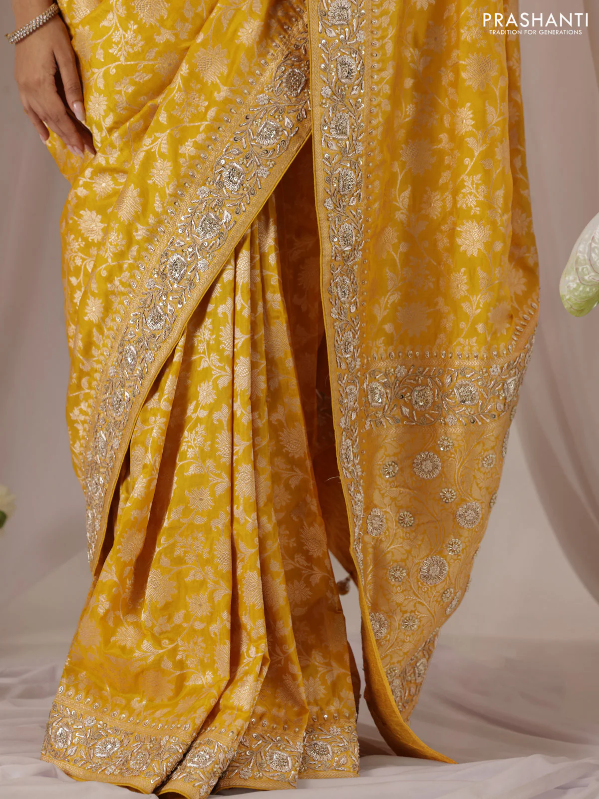 Mango yellow Banarasi Uppada silk saree with allover zari weaves & embroidery border - Image 5