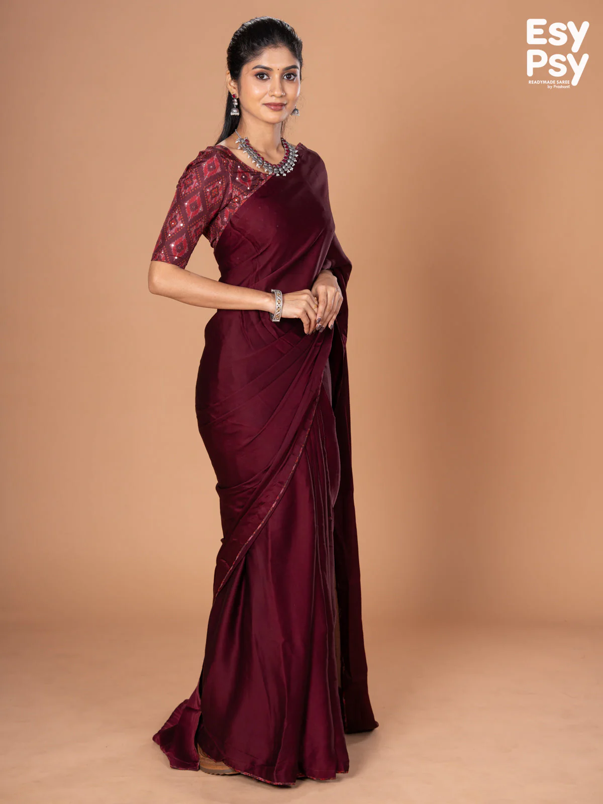 Maroon Satin Crepe readymade saree with readymade ikat printed blouse - Image 2
