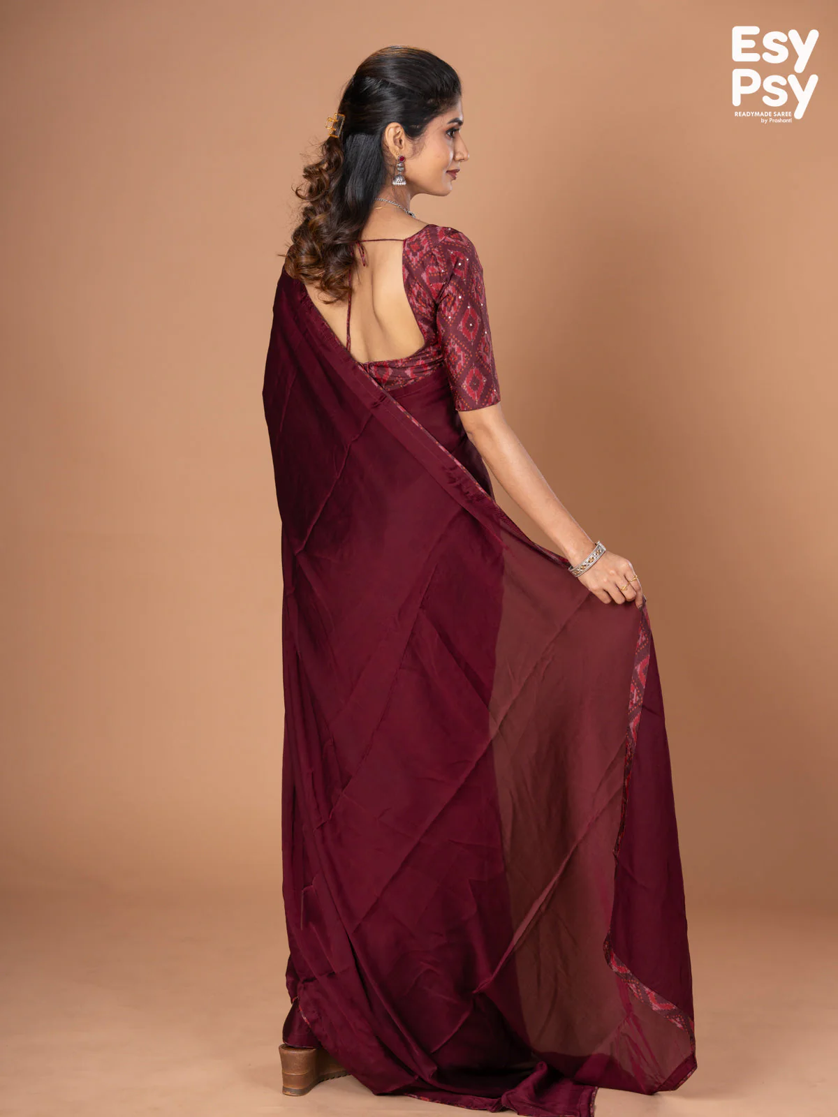 Maroon Satin Crepe readymade saree with readymade ikat printed blouse - Image 3