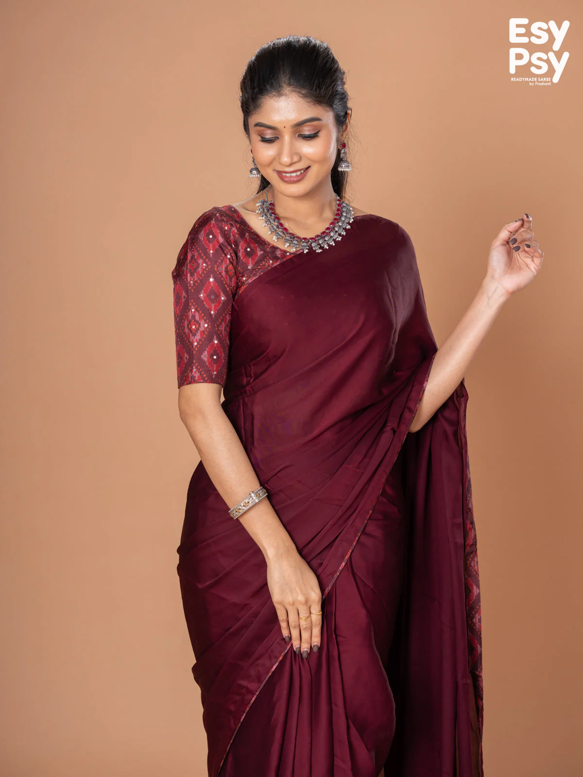 Maroon Satin Crepe readymade saree with readymade ikat printed blouse - Image 4