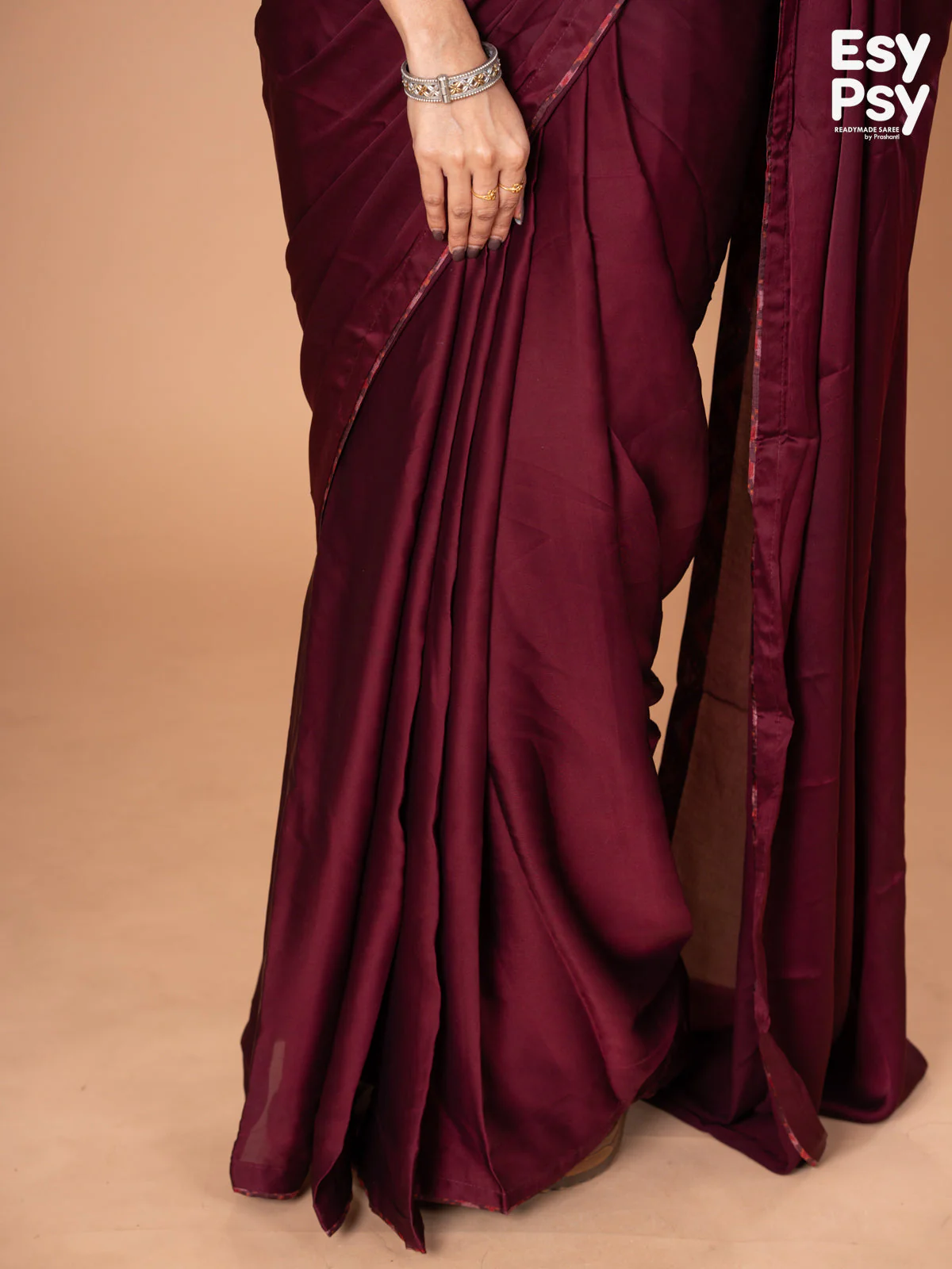 Maroon Satin Crepe readymade saree with readymade ikat printed blouse - Image 5