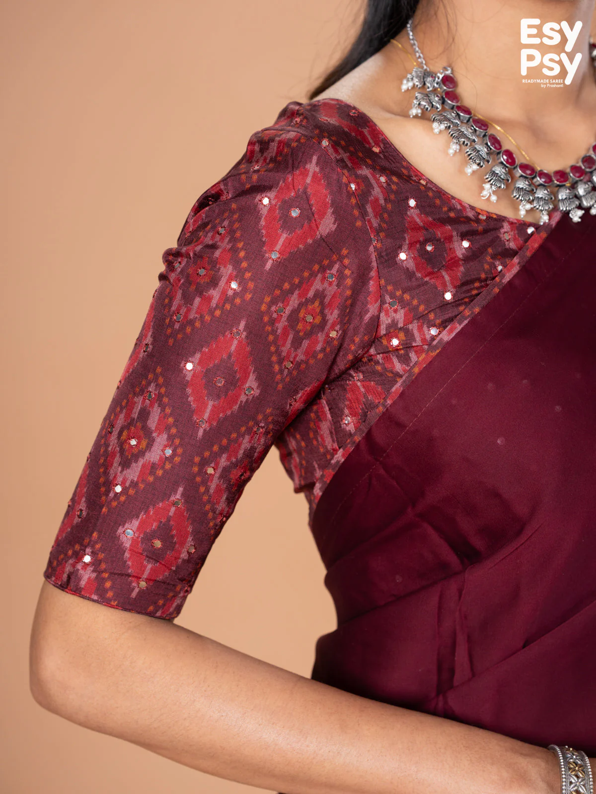 Maroon Satin Crepe readymade saree with readymade ikat printed blouse - Image 6