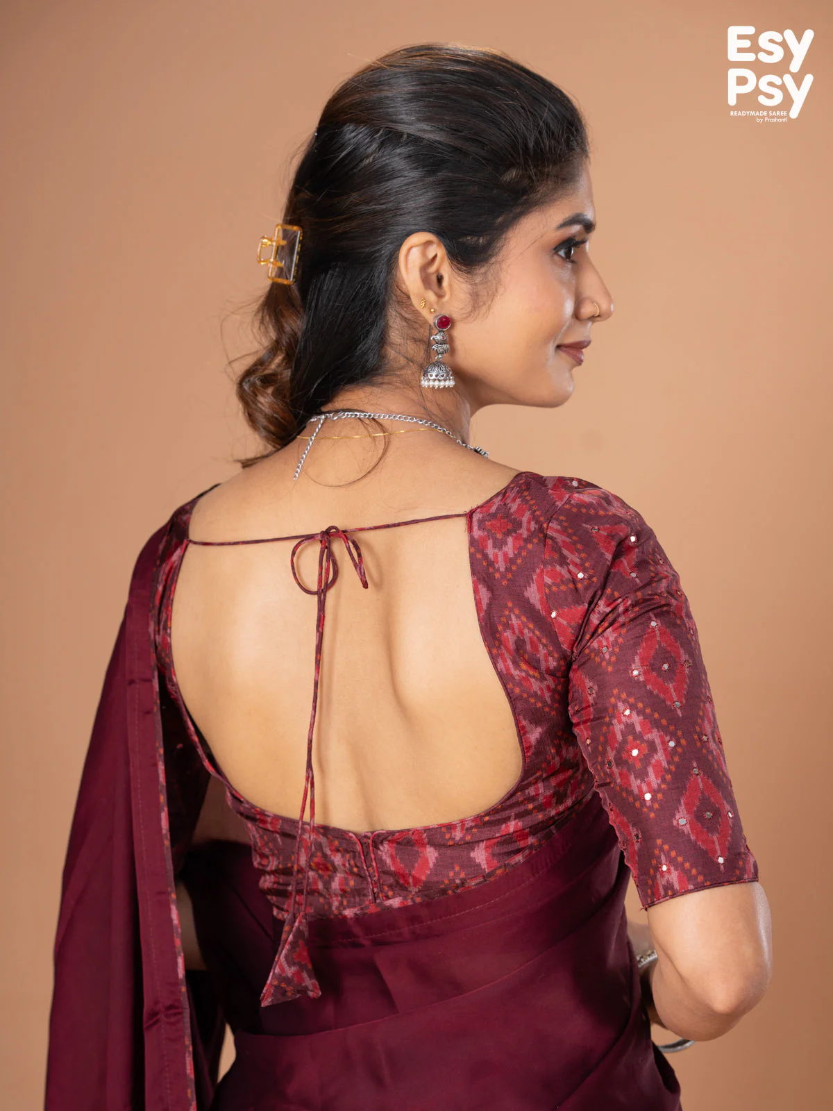 Maroon Satin Crepe readymade saree with readymade ikat printed blouse - Image 7