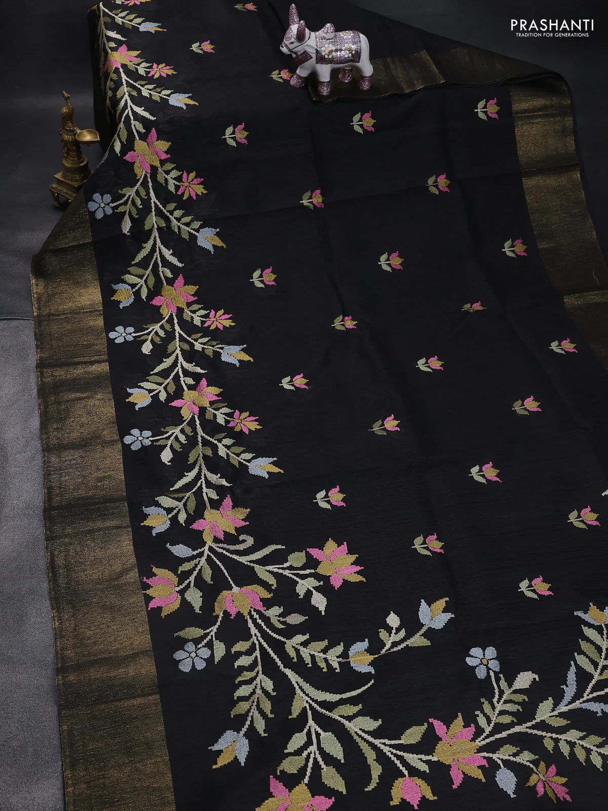 Matka tussar saree black with floral embroidery and zari woven border - Image 2
