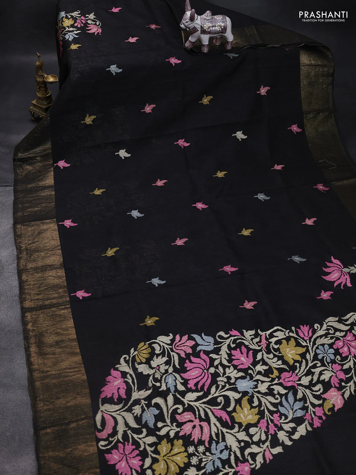 Matka tussar saree black with floral embroidery and zari woven border - Image 2
