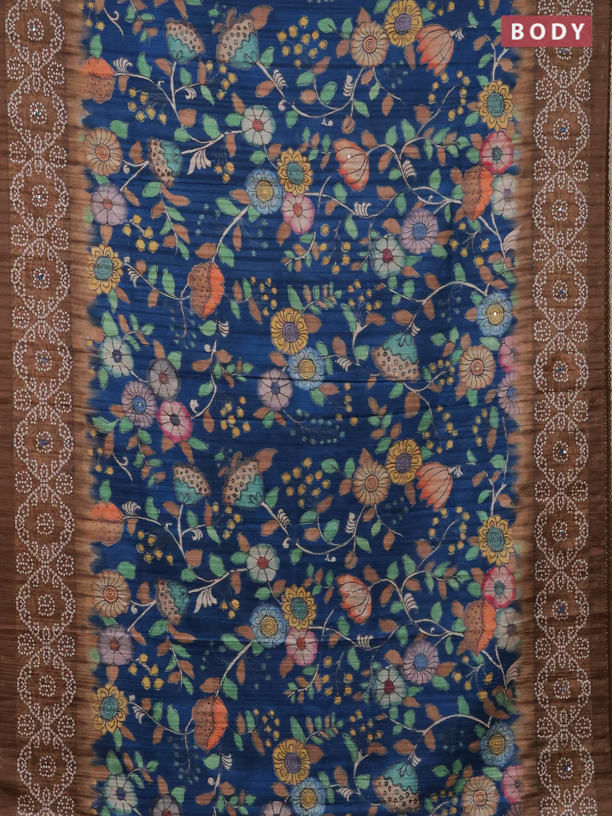 Matka tussar saree blue and brown with allover kalamkari prints and bandhani printed & embroidery work border - Image 2