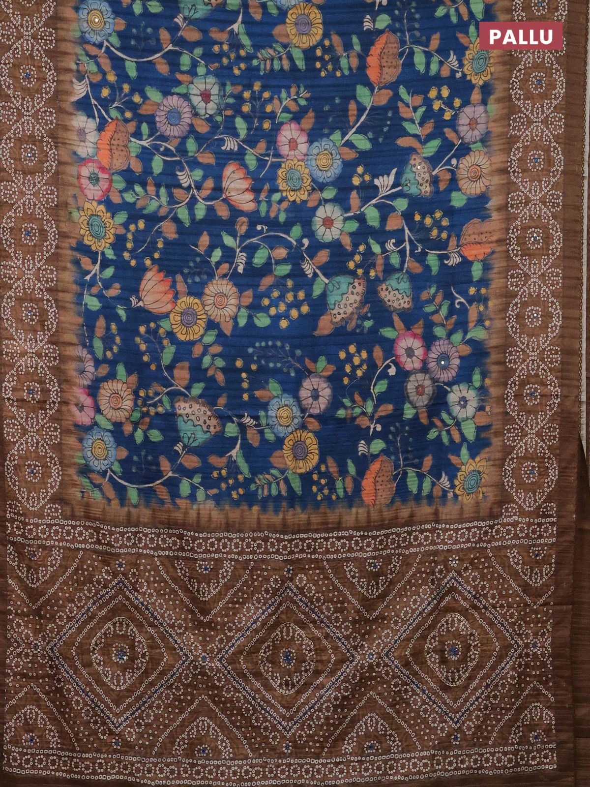 Matka tussar saree blue and brown with allover kalamkari prints and bandhani printed & embroidery work border - Image 3