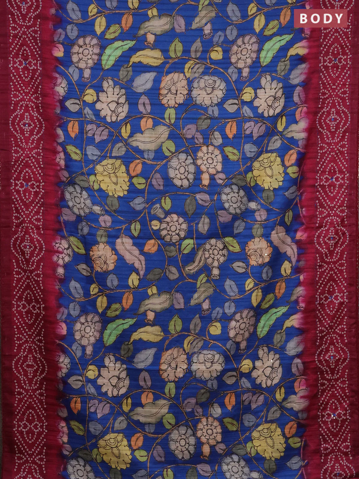 Matka tussar saree blue and magenta pink with allover kalamkari prints and bandhani printed & embroidery work border - Image 2