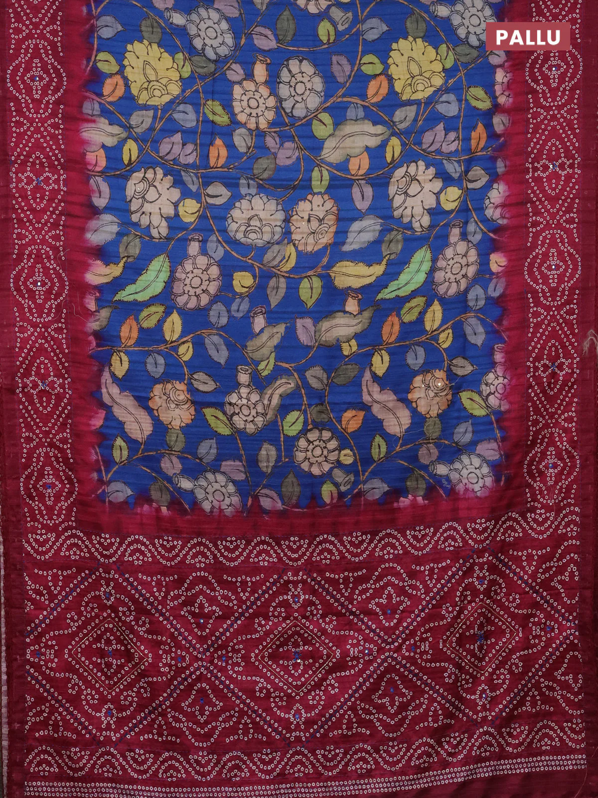Matka tussar saree blue and magenta pink with allover kalamkari prints and bandhani printed & embroidery work border - Image 3