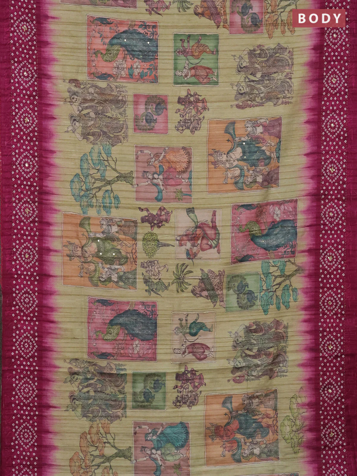 Matka tussar saree elaichi green and magenta pink with allover kalamkari prints and bandhani printed & embroidery work border - Image 2