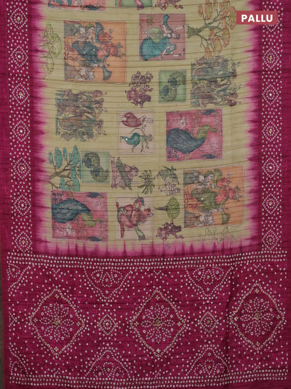 Matka tussar saree elaichi green and magenta pink with allover kalamkari prints and bandhani printed & embroidery work border - Image 3