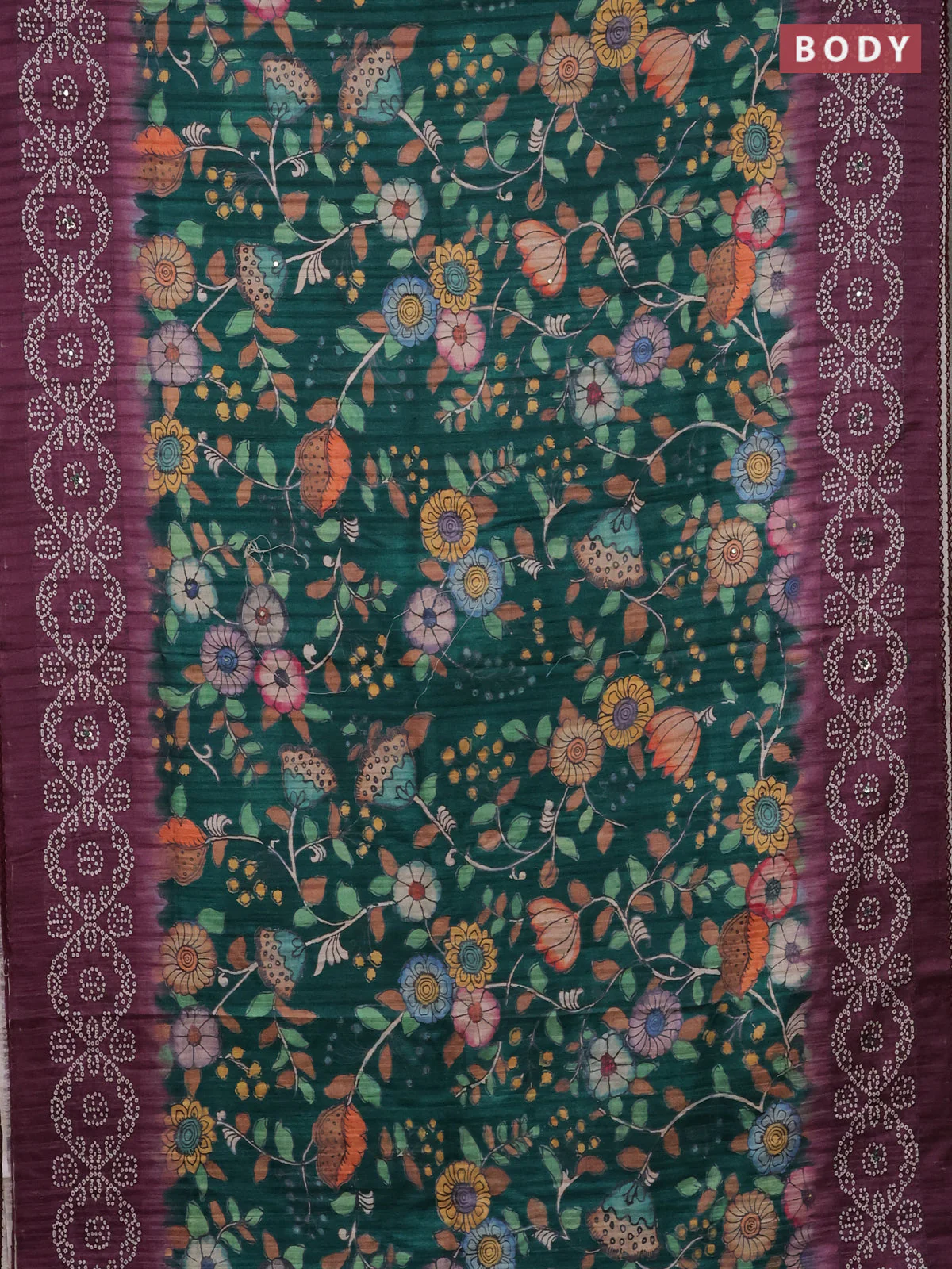 Matka tussar saree green and wine shade with allover kalamkari prints and bandhani printed & embroidery work border - Image 2