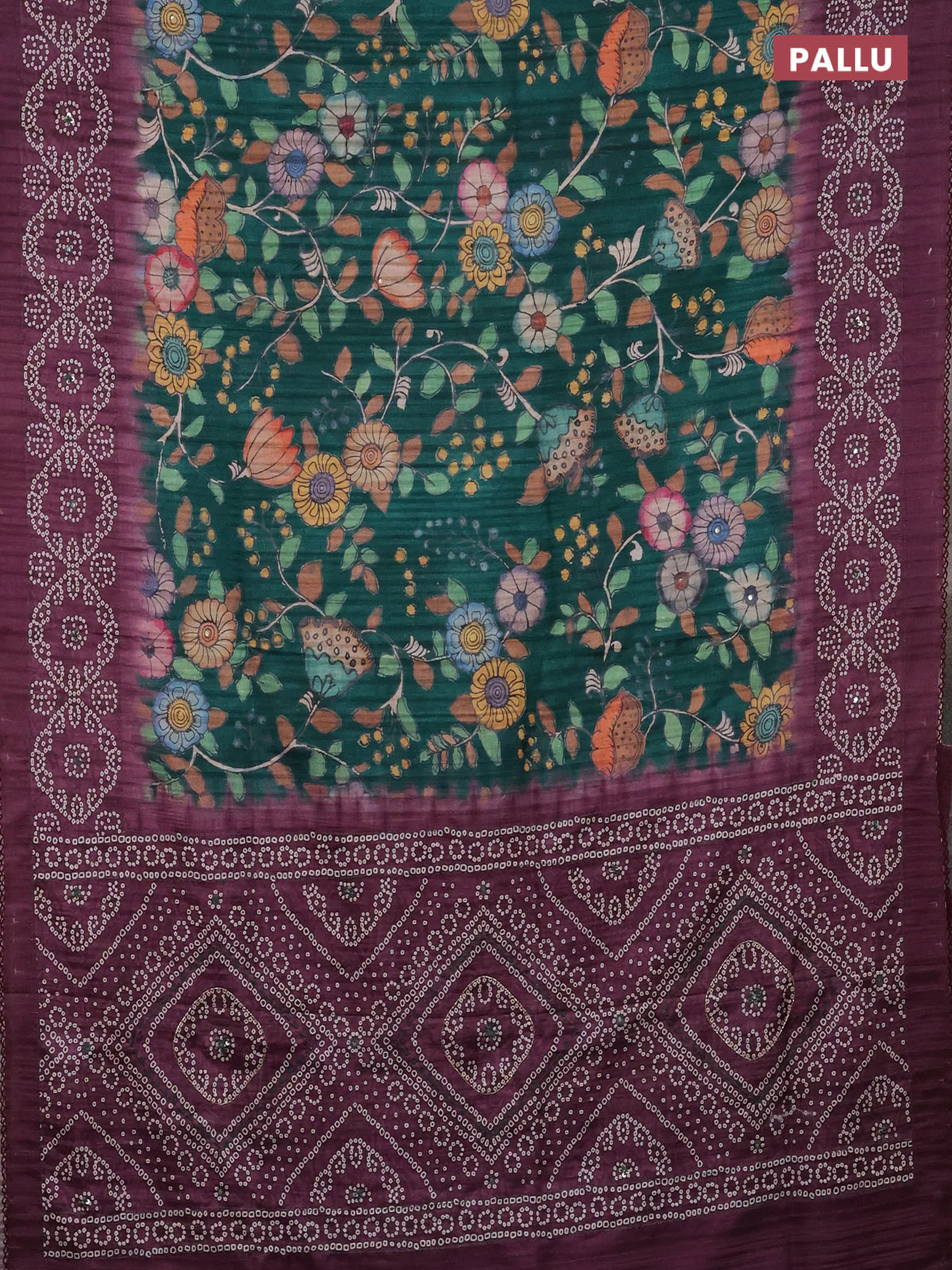 Matka tussar saree green and wine shade with allover kalamkari prints and bandhani printed & embroidery work border - Image 3