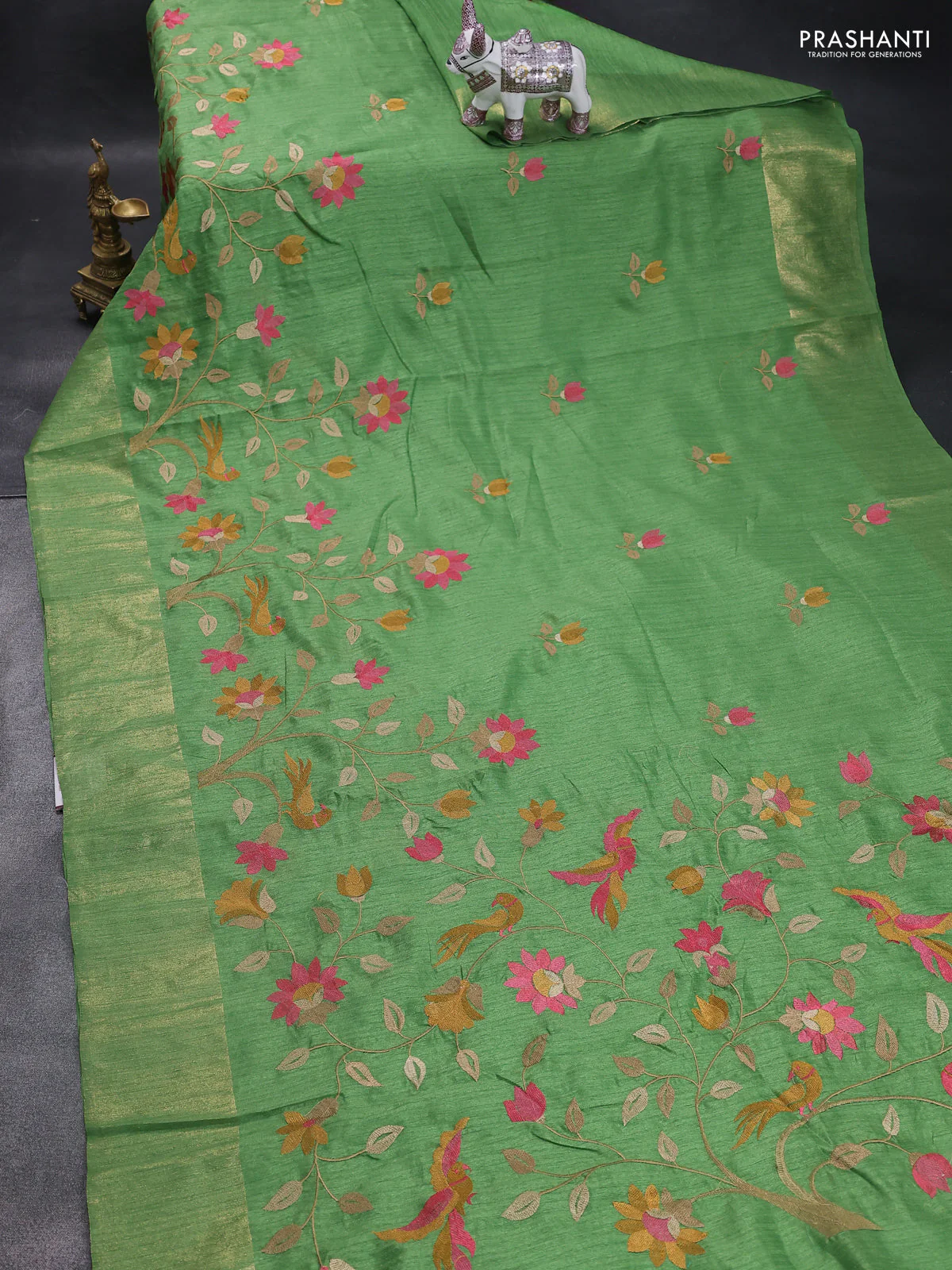 Matka tussar saree green with floral embroidery and zari woven border - Image 2