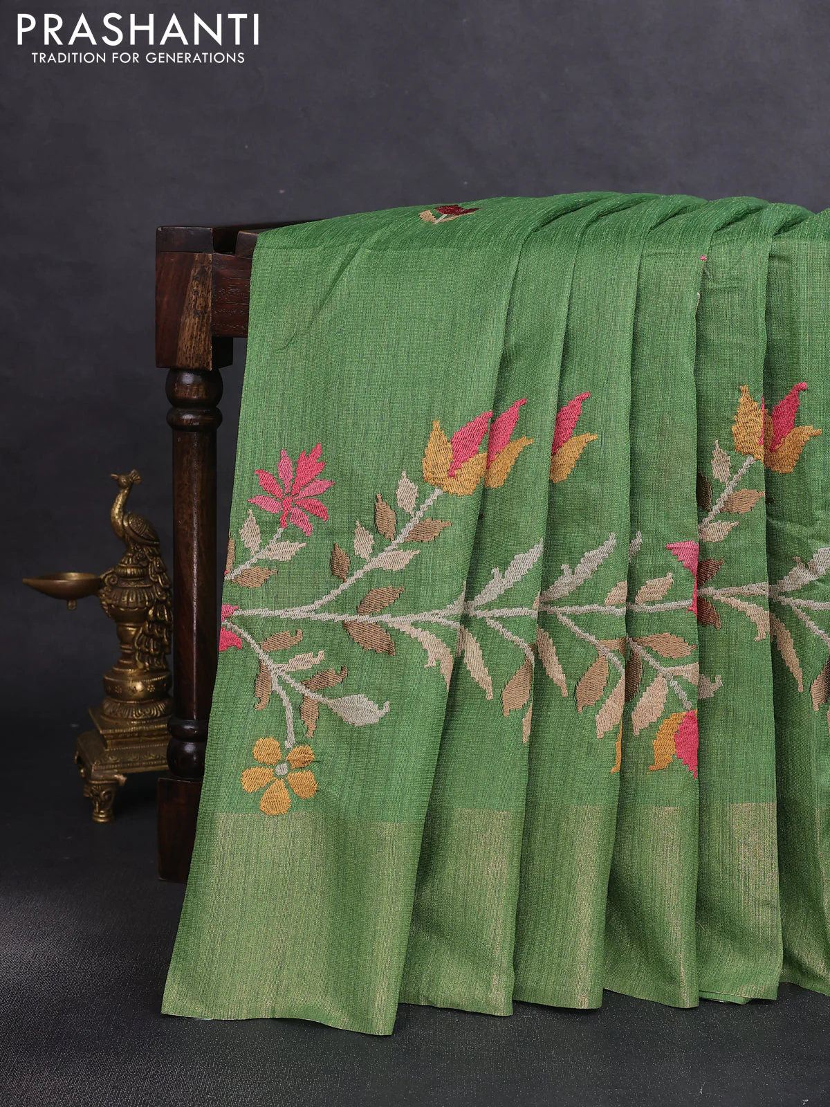 Matka tussar saree green with floral embroidery and zari woven border