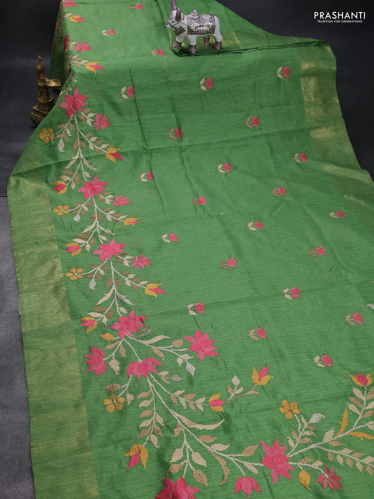 Matka tussar saree green with floral embroidery and zari woven border - Image 2