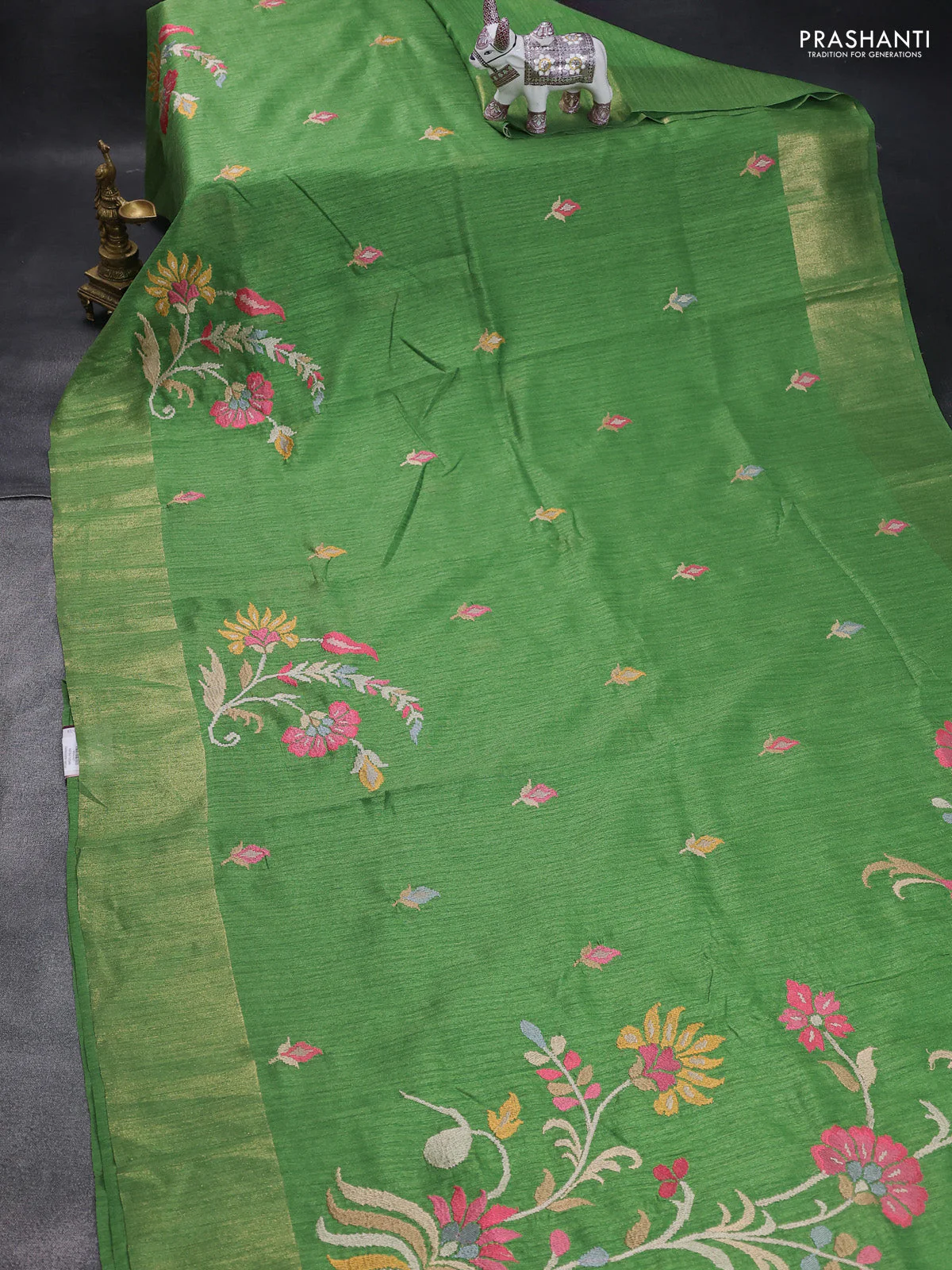 Matka tussar saree green with floral embroidery and zari woven border - Image 2