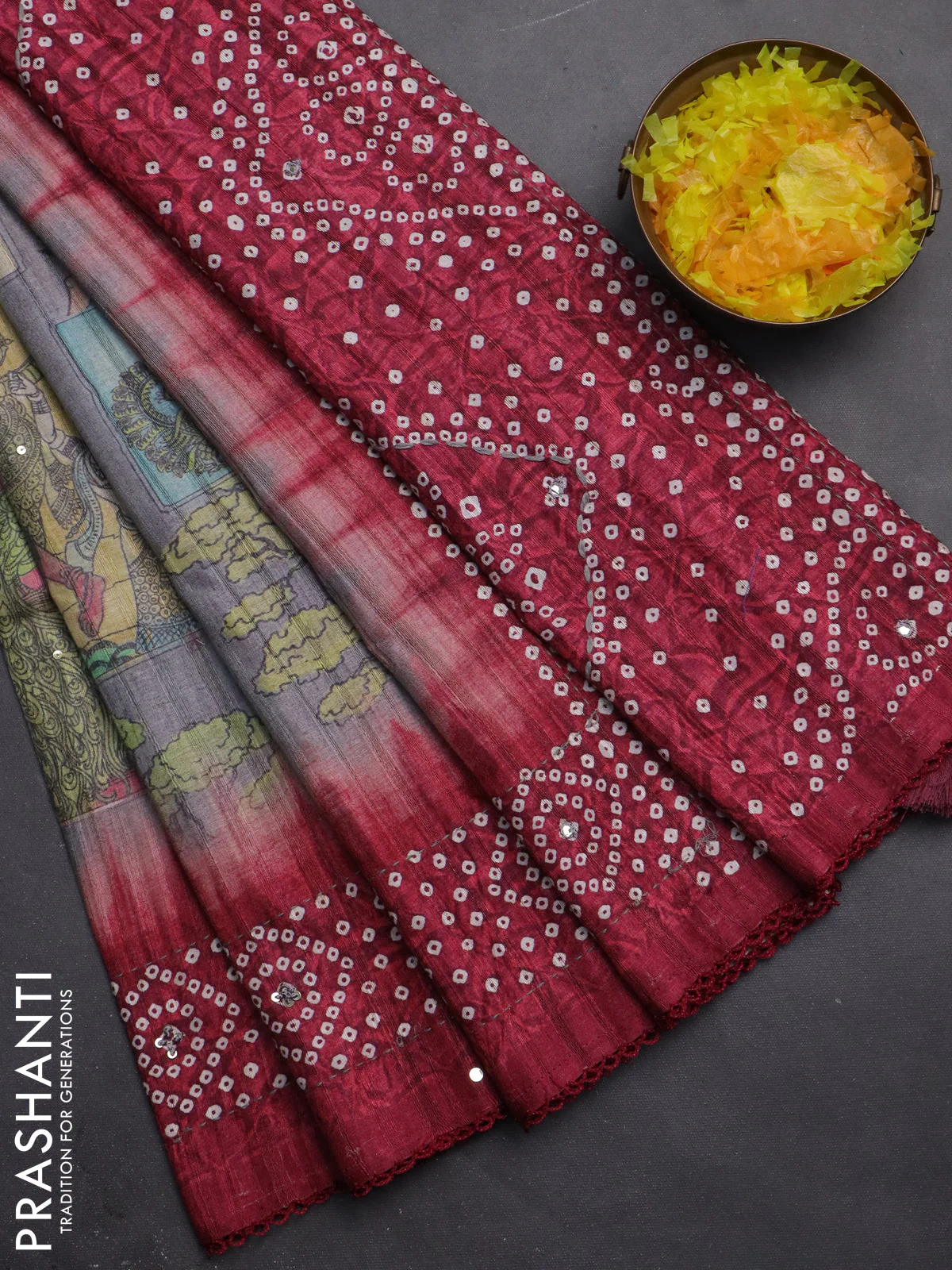 Matka tussar saree grey and maroon with allover kalamkari prints and bandhani printed & embroidery work border