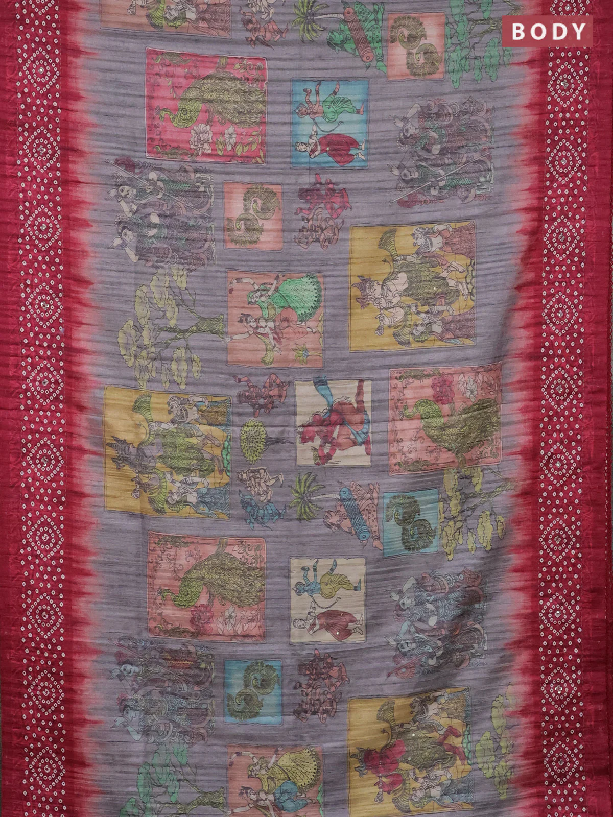 Matka tussar saree grey and maroon with allover kalamkari prints and bandhani printed & embroidery work border - Image 2