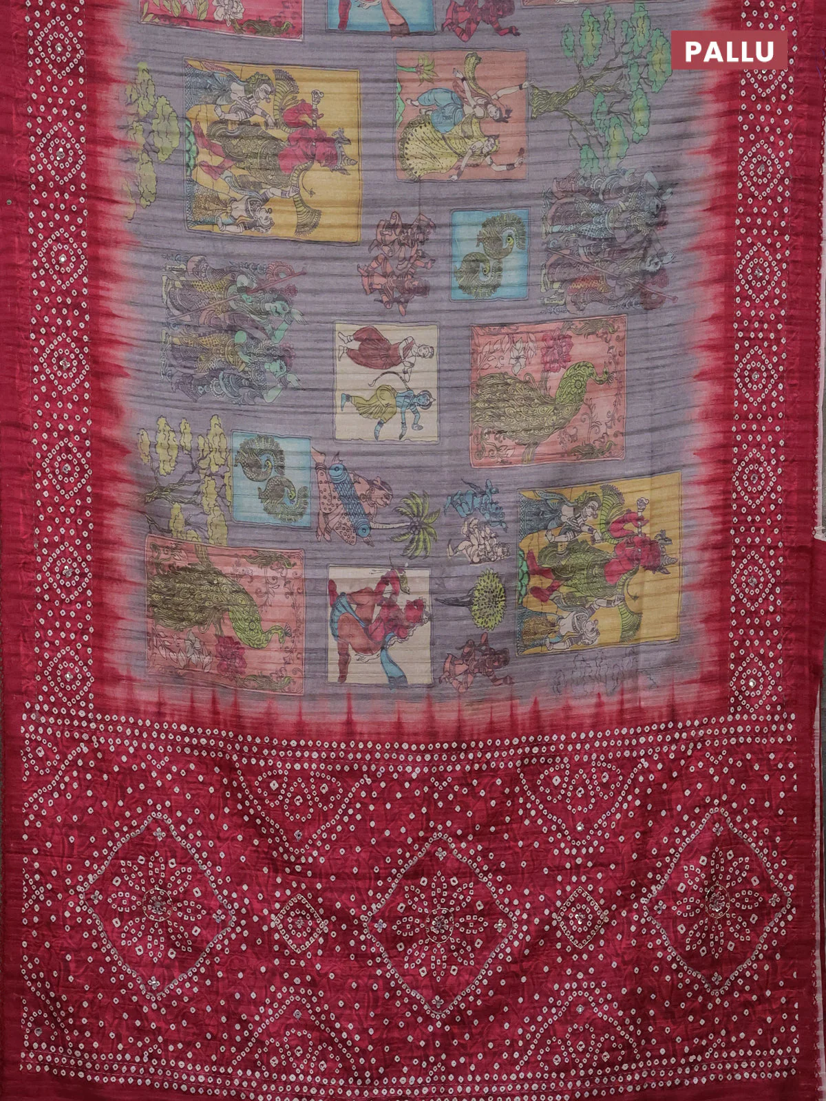 Matka tussar saree grey and maroon with allover kalamkari prints and bandhani printed & embroidery work border - Image 3