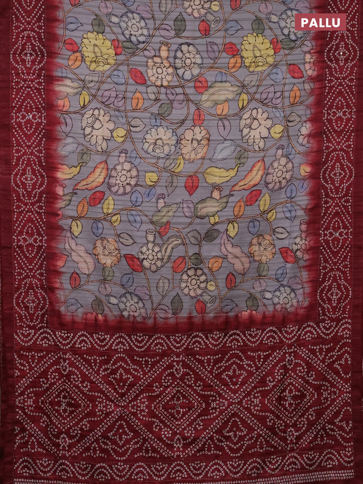 Matka tussar saree grey and maroon with allover kalamkari prints and bandhani printed & embroidery work border - Image 3