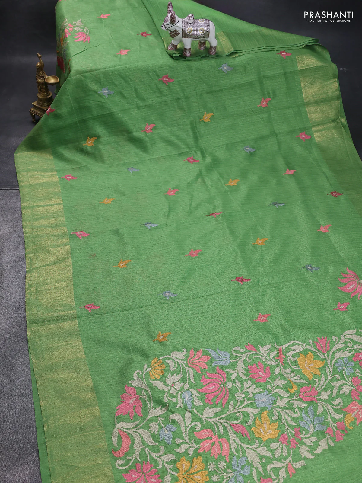 Matka tussar saree light green with floral embroidery and zari woven border - Image 2