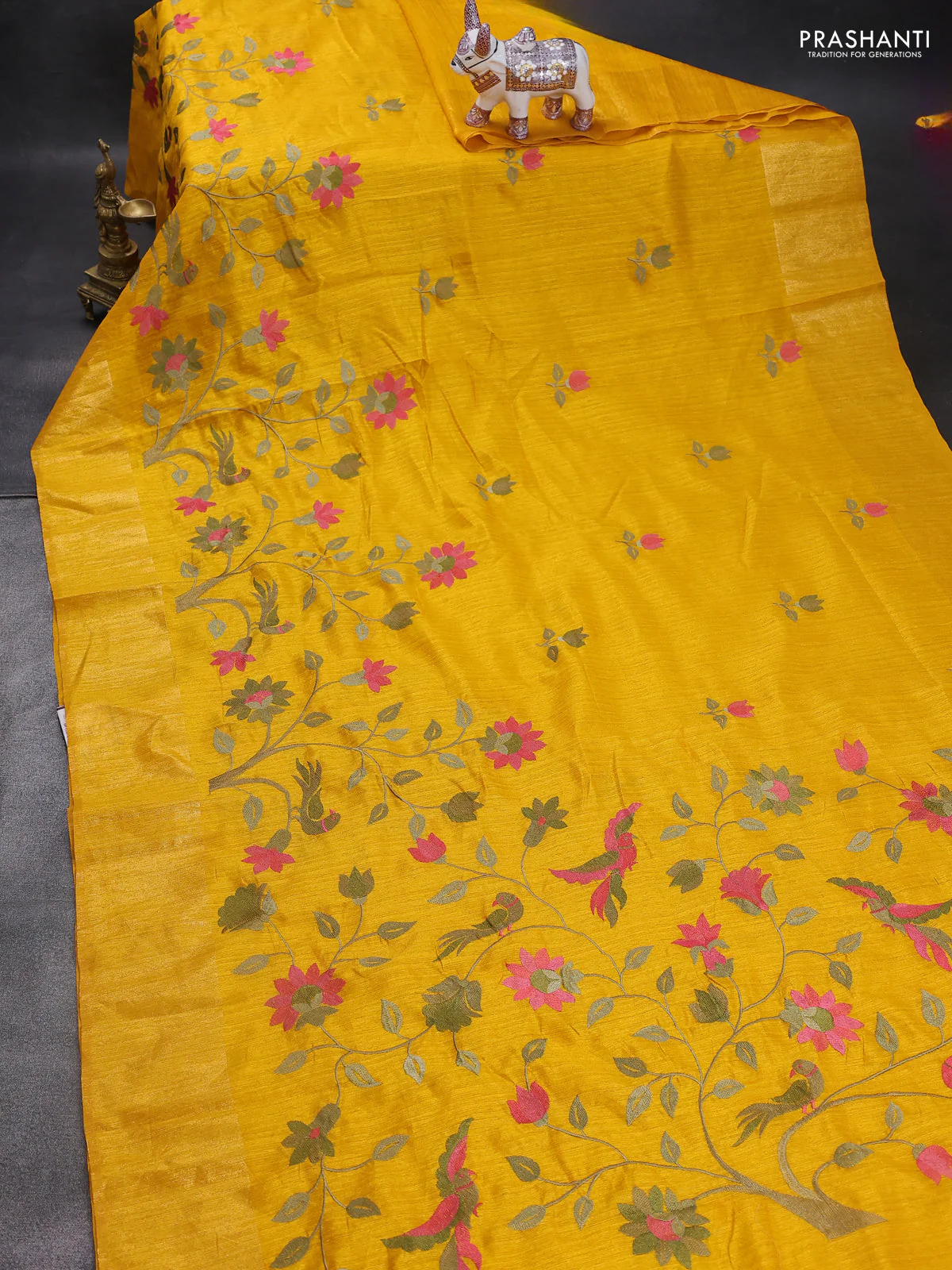 Matka tussar saree mango yellow with floral embroidery and zari woven border - Image 2