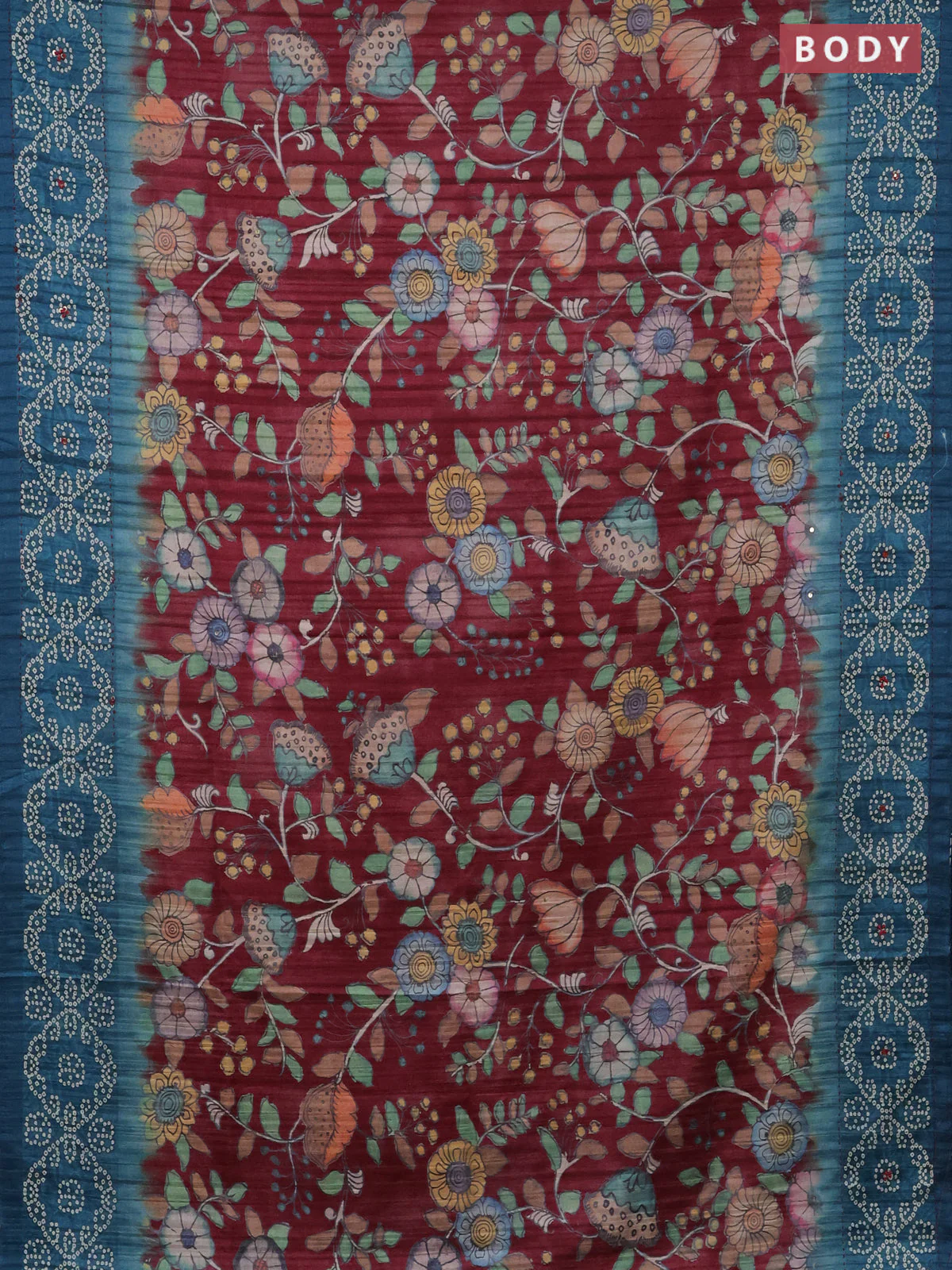 Matka tussar saree maroon and peacock blue with allover kalamkari prints and bandhani printed & embroidery work border - Image 2