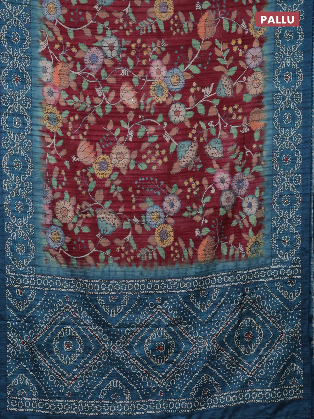 Matka tussar saree maroon and peacock blue with allover kalamkari prints and bandhani printed & embroidery work border - Image 3